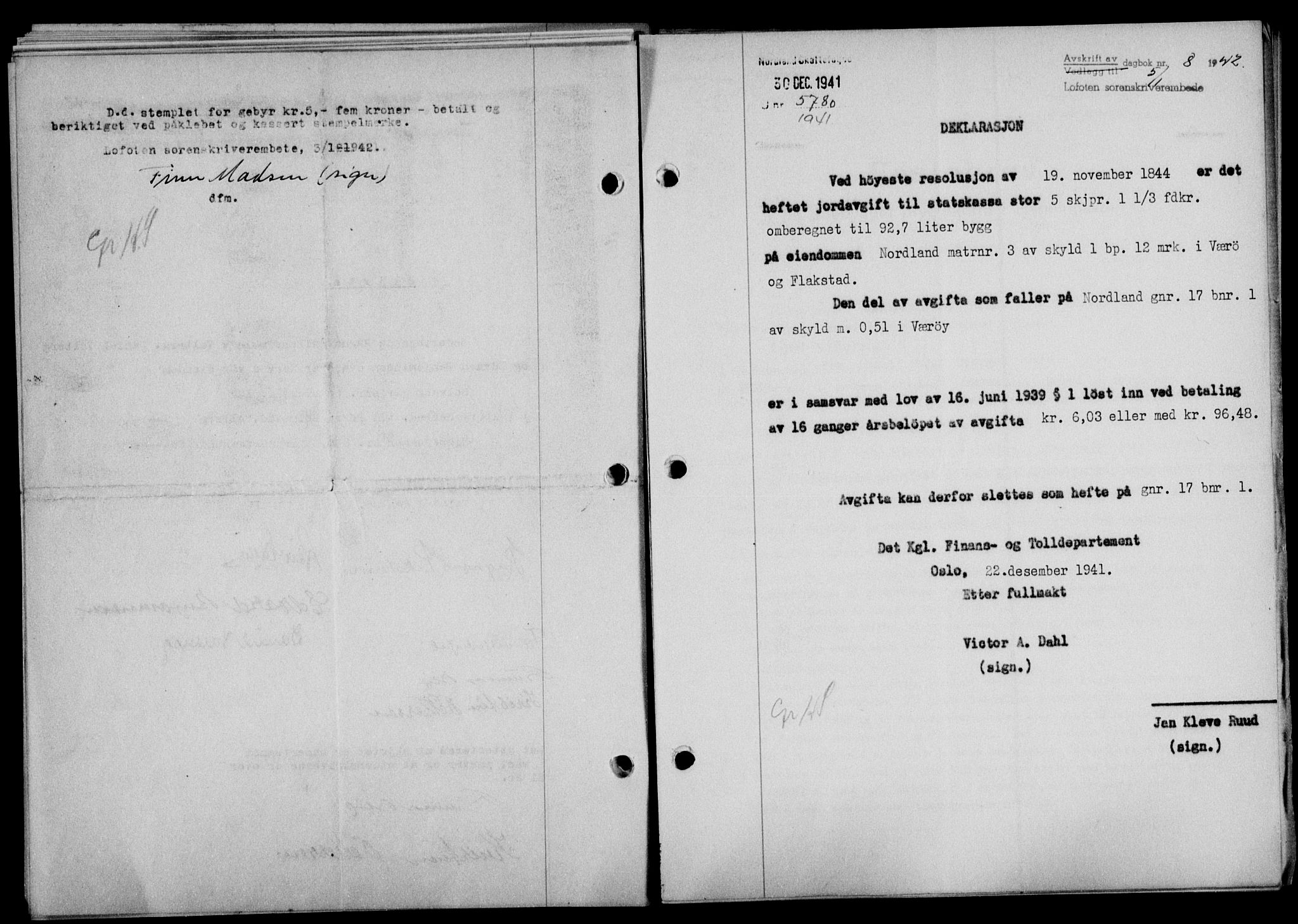 Lofoten sorenskriveri, SAT/A-0017/1/2/2C/L0009a: Mortgage book no. 9a, 1941-1942, Diary no: : 8/1942