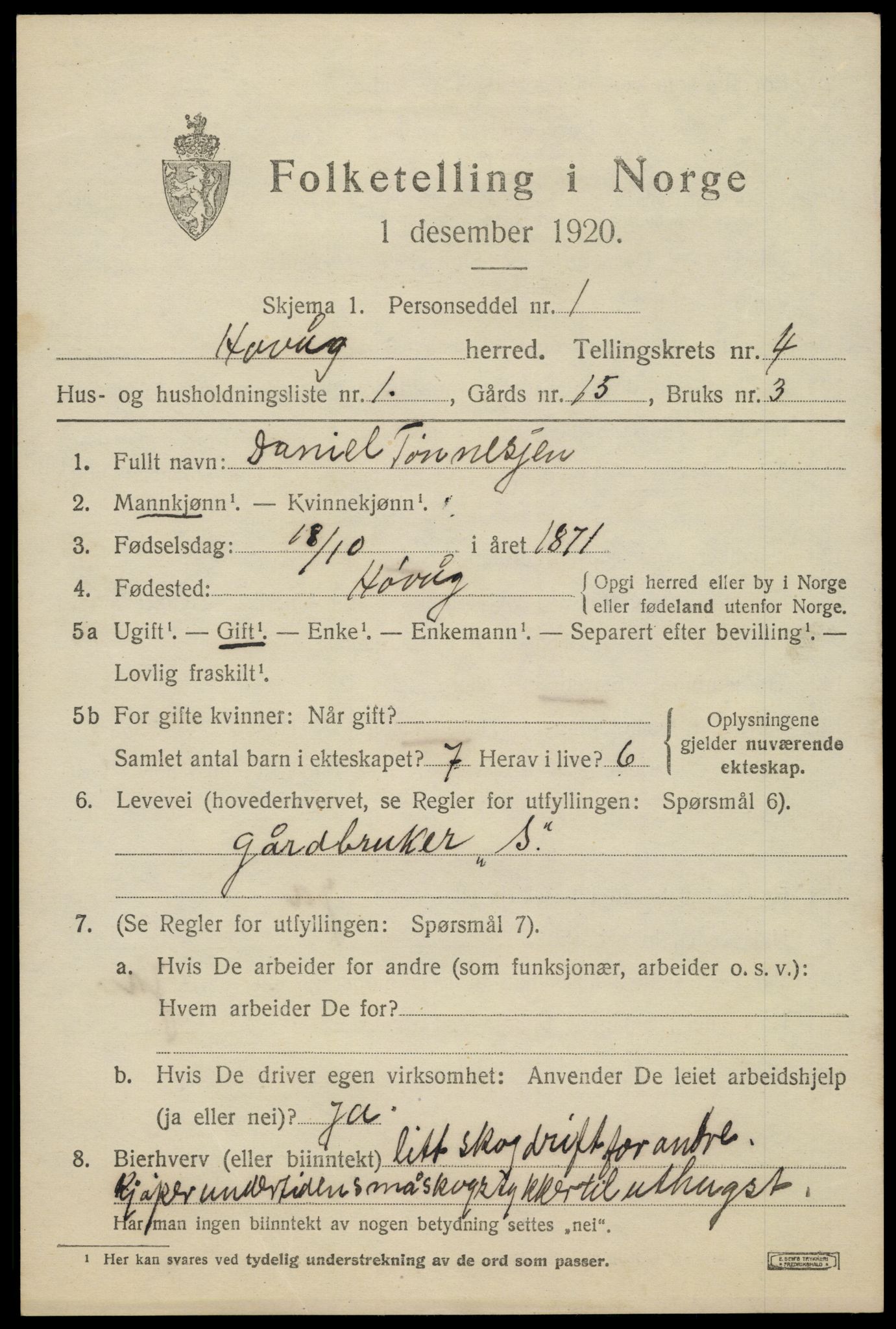 SAK, 1920 census for Høvåg, 1920, p. 2166