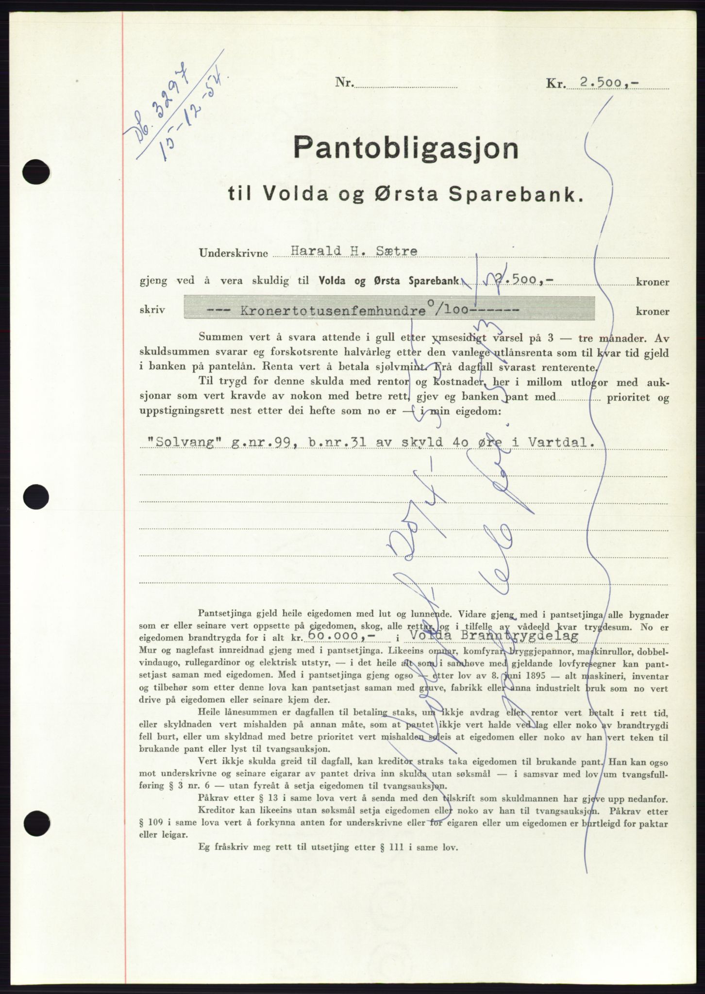 Søre Sunnmøre sorenskriveri, AV/SAT-A-4122/1/2/2C/L0126: Mortgage book no. 14B, 1954-1955, Diary no: : 3297/1954