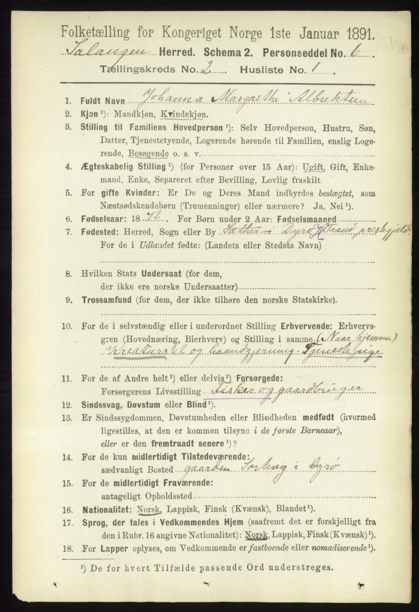 RA, 1891 census for 1921 Salangen, 1891, p. 558