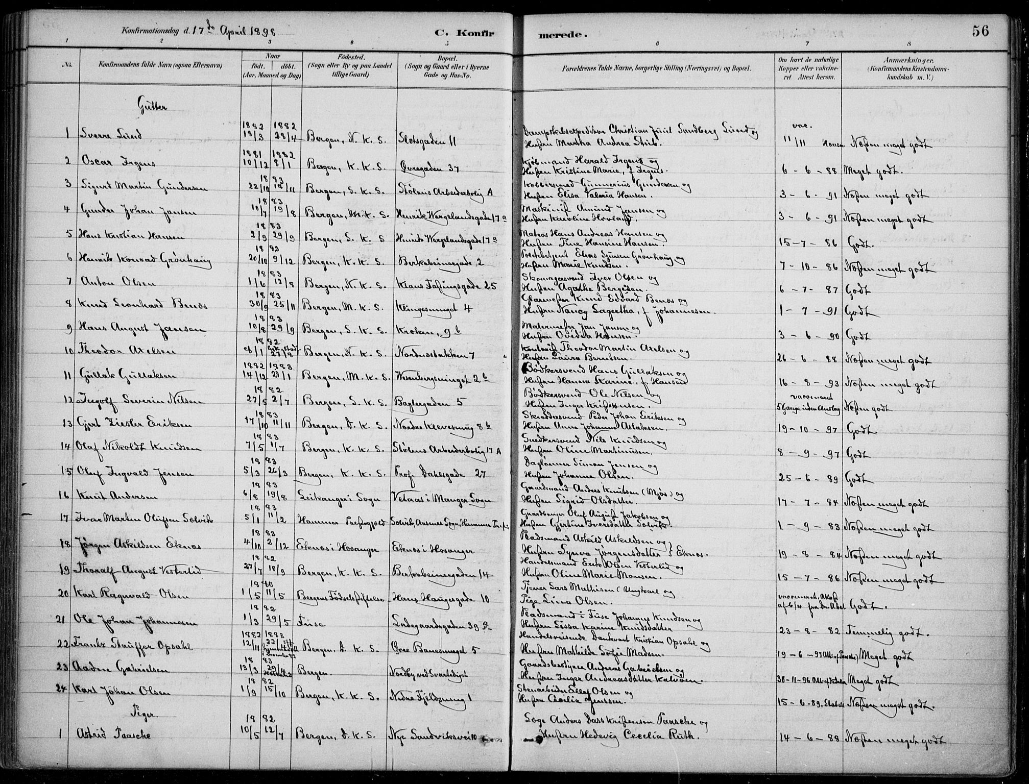Mariakirken Sokneprestembete, SAB/A-76901/H/Hab/L0008: Parish register (copy) no. A 8, 1889-1908, p. 56