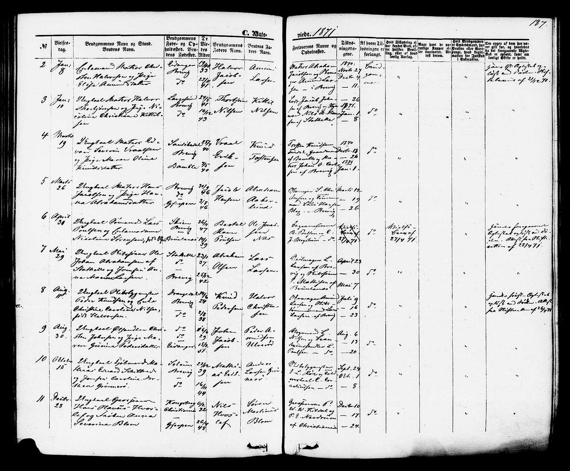 Brevik kirkebøker, SAKO/A-255/F/Fa/L0006: Parish register (official) no. 6, 1866-1881, p. 187