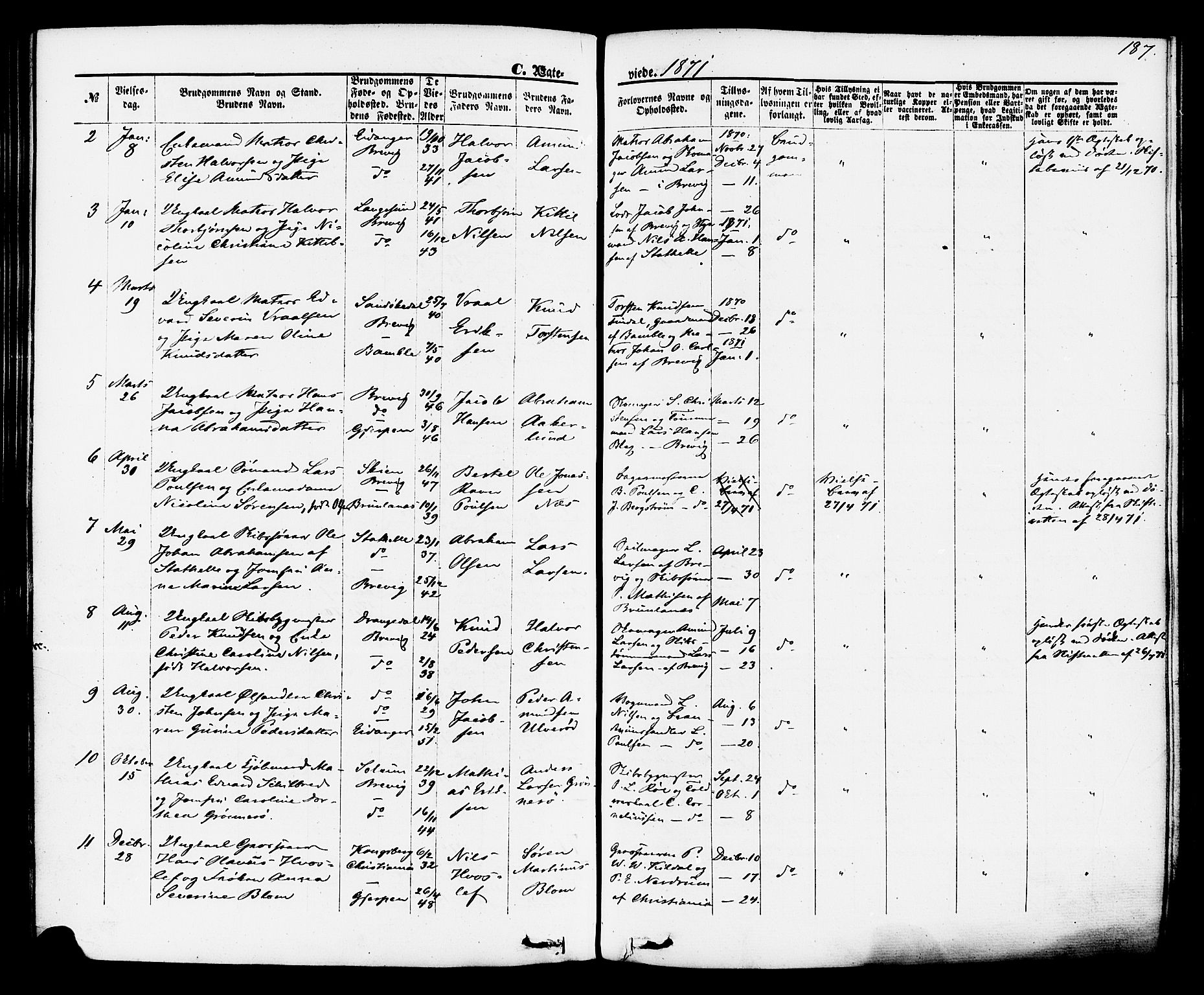 Brevik kirkebøker, AV/SAKO-A-255/F/Fa/L0006: Parish register (official) no. 6, 1866-1881, p. 187