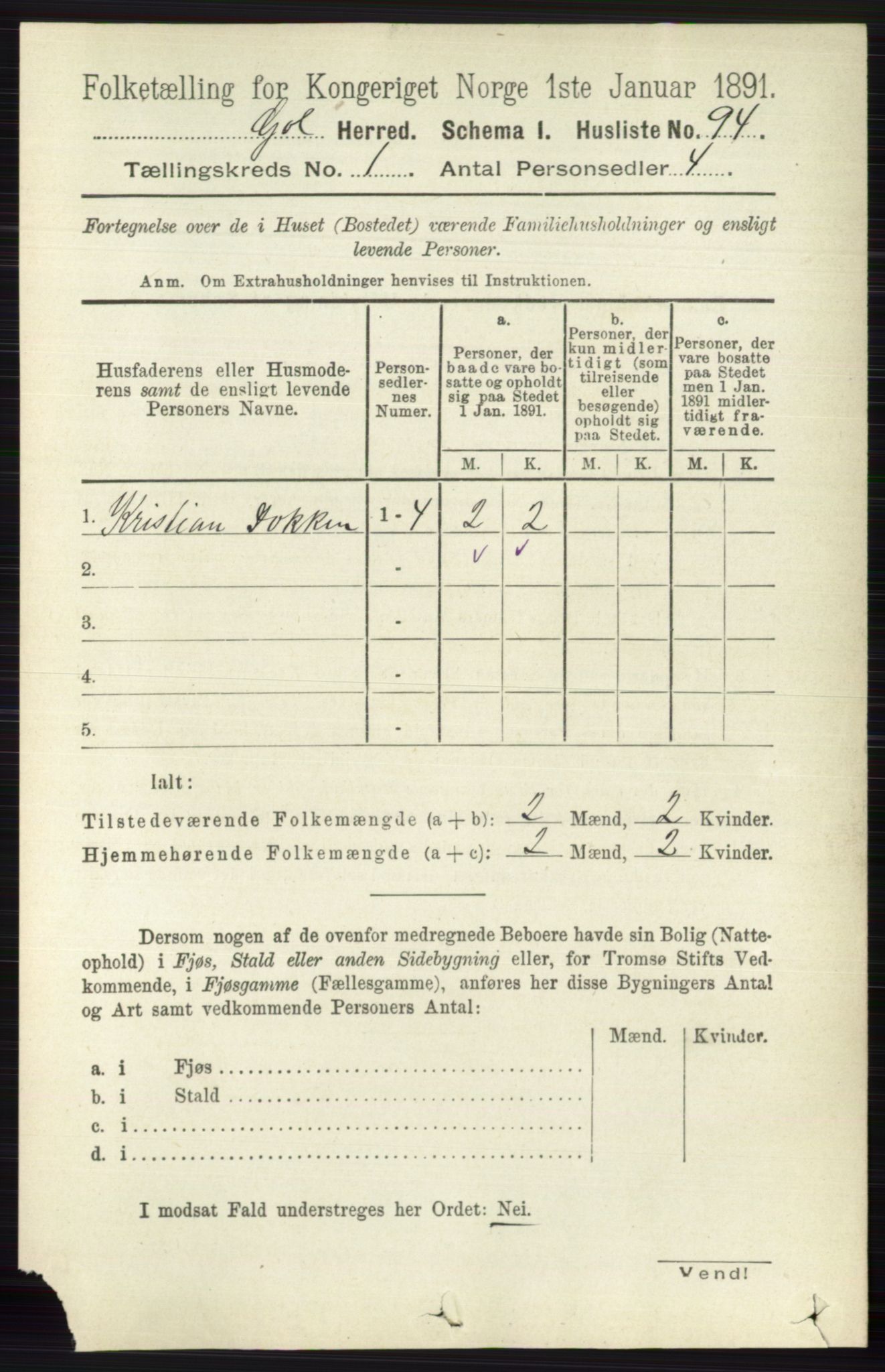 RA, 1891 census for 0617 Gol og Hemsedal, 1891, p. 121