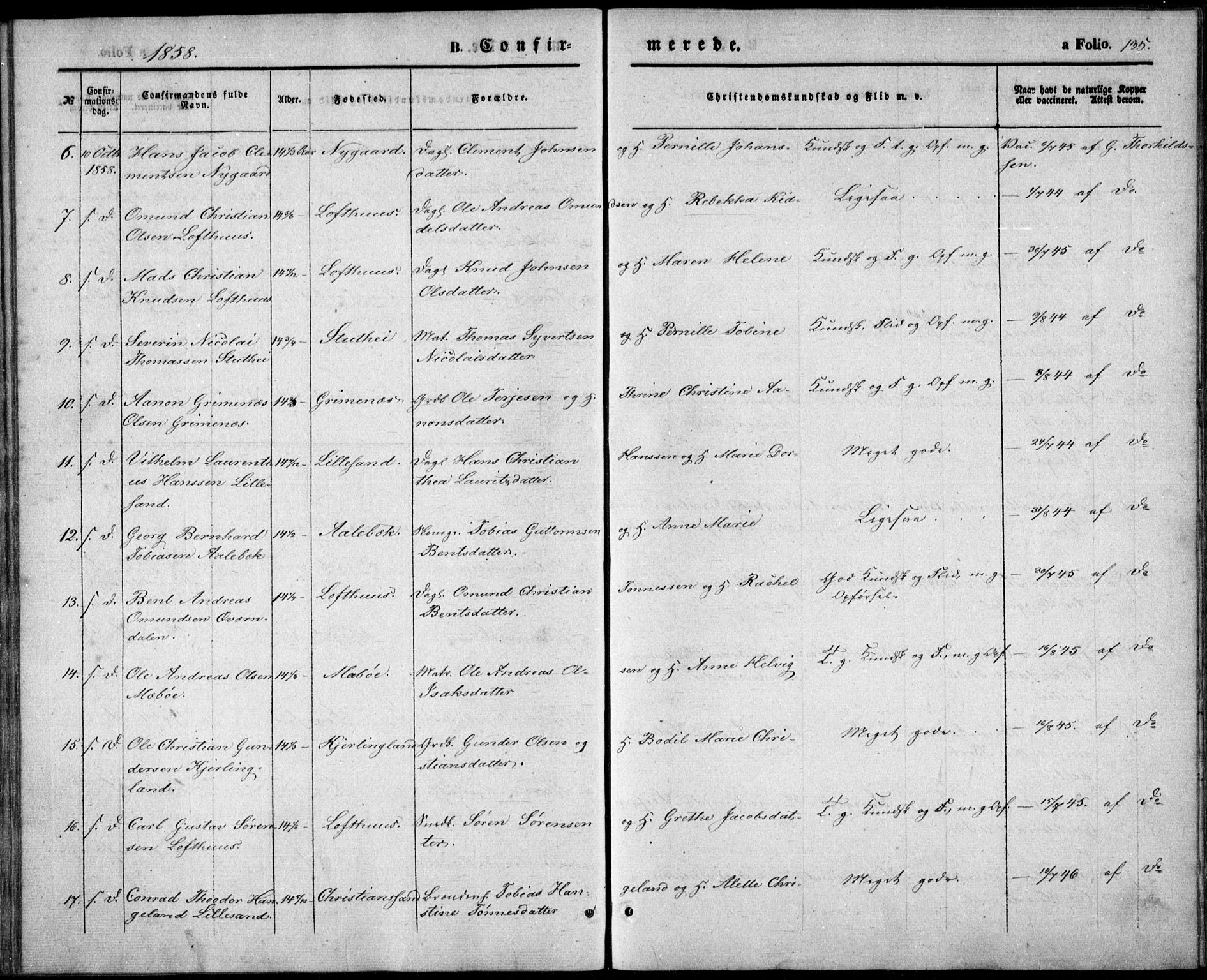 Vestre Moland sokneprestkontor, SAK/1111-0046/F/Fb/Fbb/L0003: Parish register (copy) no. B 3, 1851-1861, p. 135