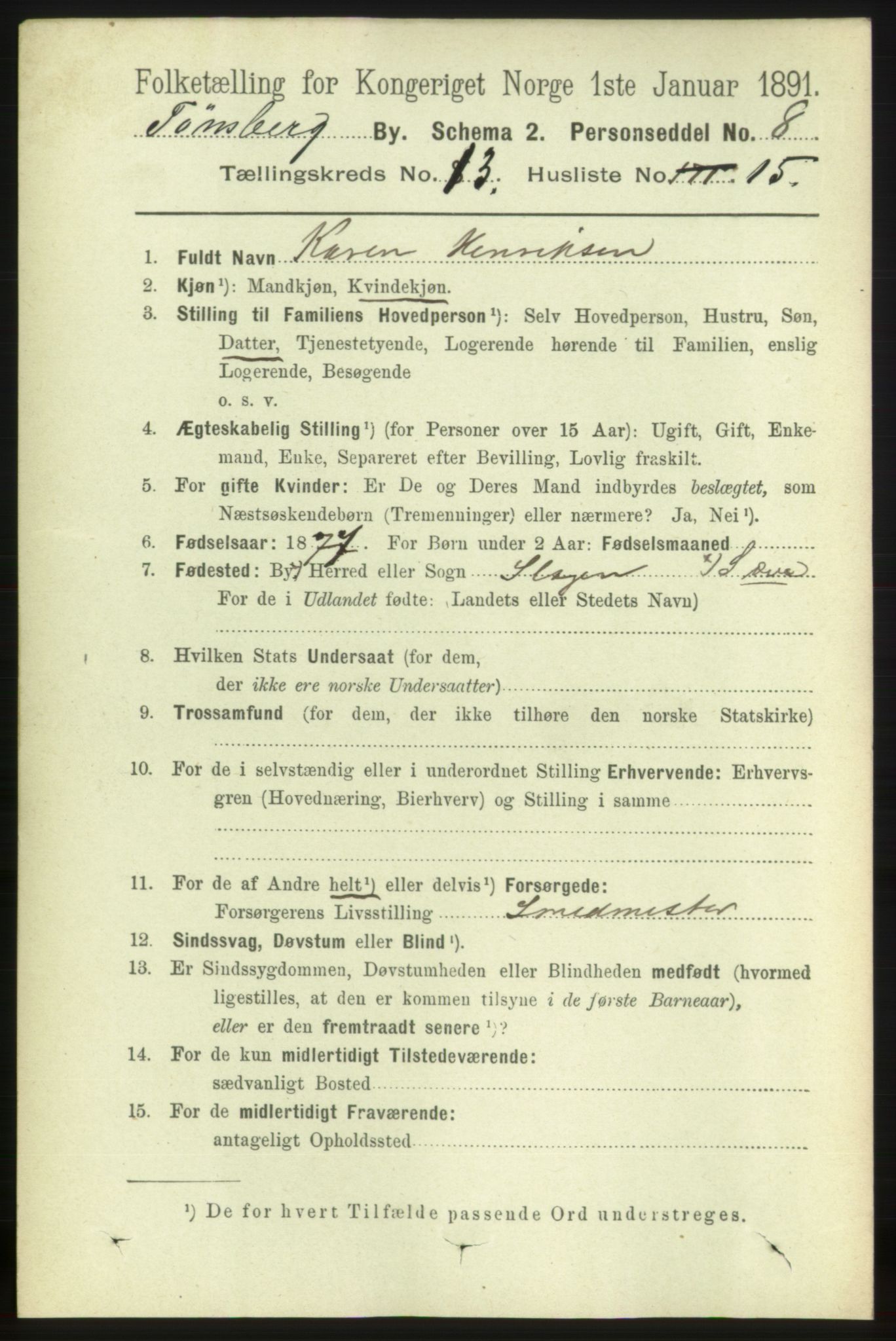 RA, 1891 census for 0705 Tønsberg, 1891, p. 4497