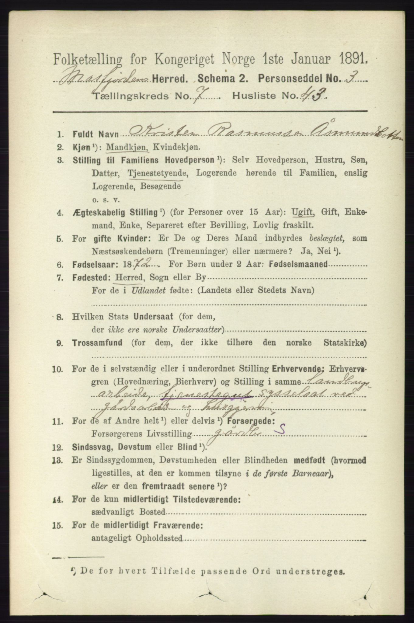 RA, 1891 census for 1266 Masfjorden, 1891, p. 1495