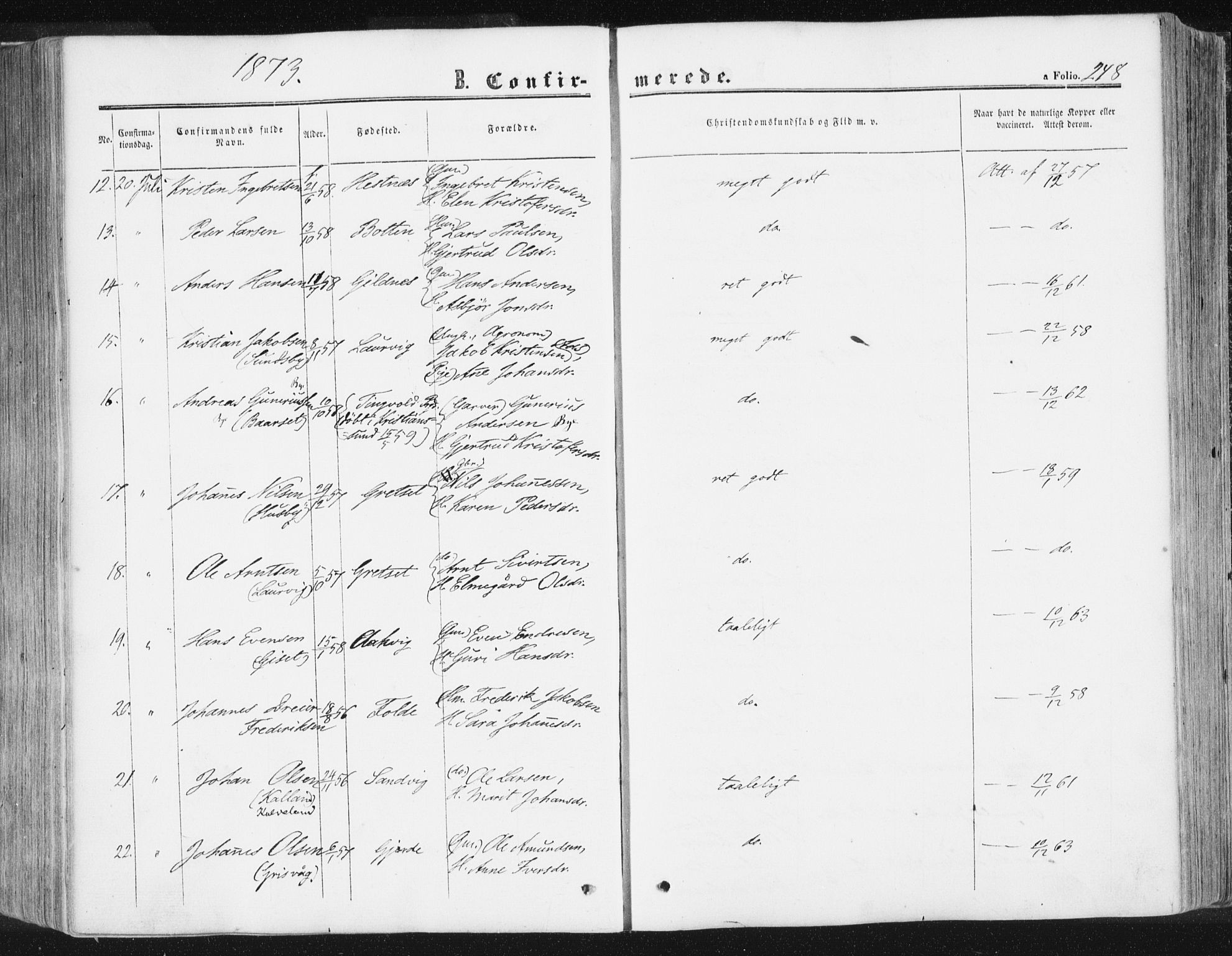 Ministerialprotokoller, klokkerbøker og fødselsregistre - Møre og Romsdal, AV/SAT-A-1454/578/L0905: Parish register (official) no. 578A04, 1859-1877, p. 248