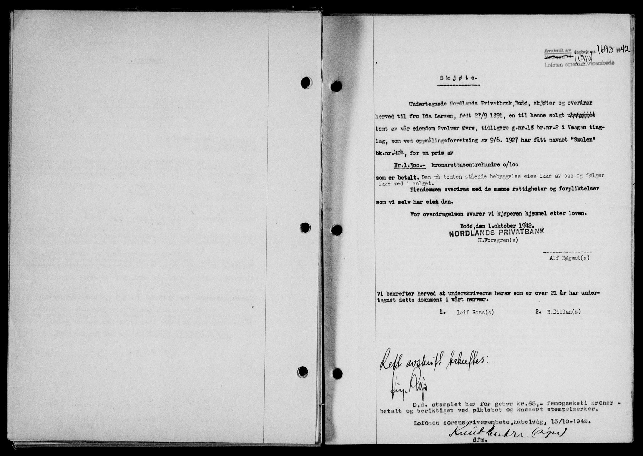 Lofoten sorenskriveri, SAT/A-0017/1/2/2C/L0010a: Mortgage book no. 10a, 1942-1943, Diary no: : 1693/1942