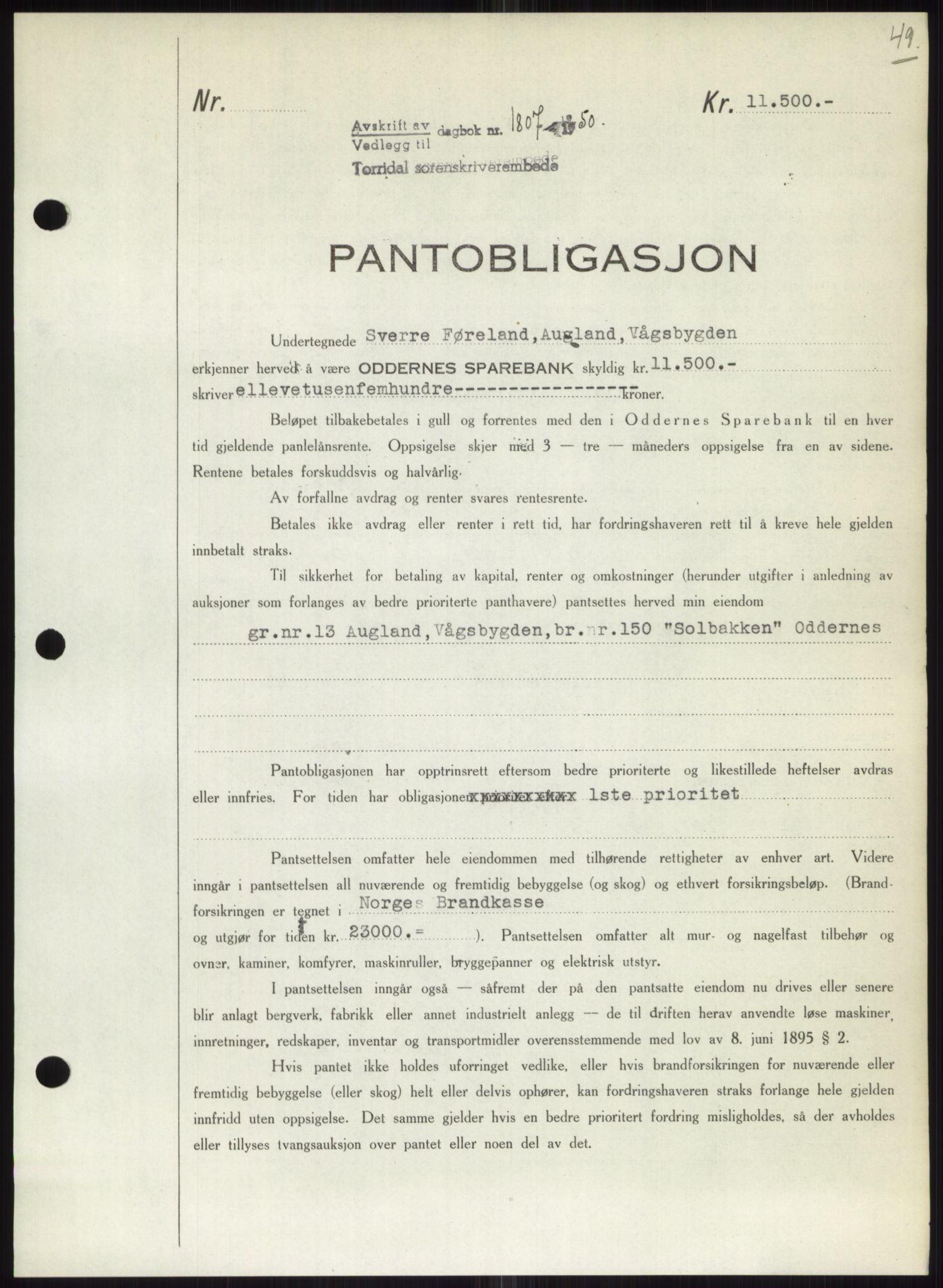 Torridal sorenskriveri, SAK/1221-0012/G/Gb/Gbb/L0020: Mortgage book no. 63B, 1950-1950, Diary no: : 1807/1950