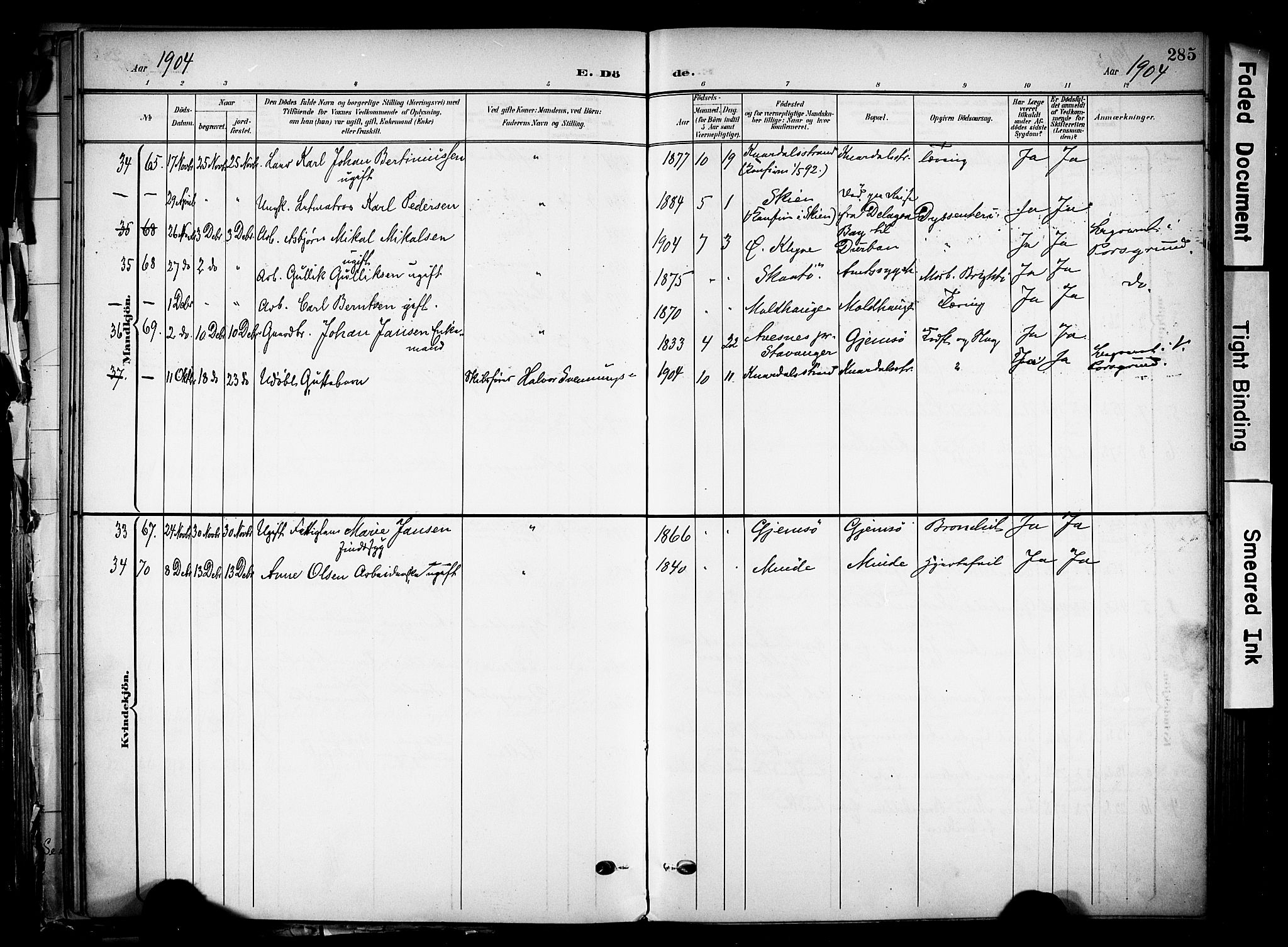 Solum kirkebøker, SAKO/A-306/F/Fa/L0011: Parish register (official) no. I 11, 1898-1909, p. 285