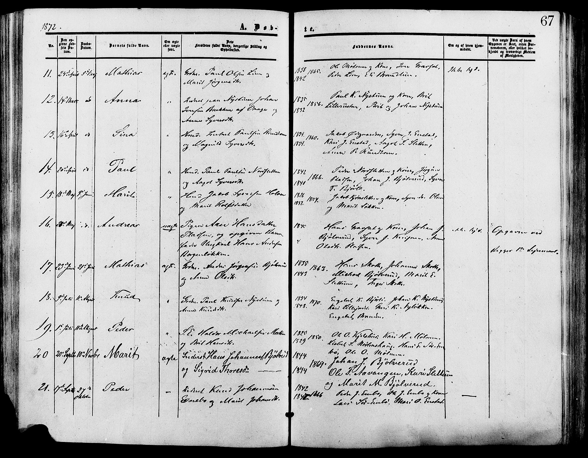 Lesja prestekontor, SAH/PREST-068/H/Ha/Haa/L0009: Parish register (official) no. 9, 1854-1889, p. 67