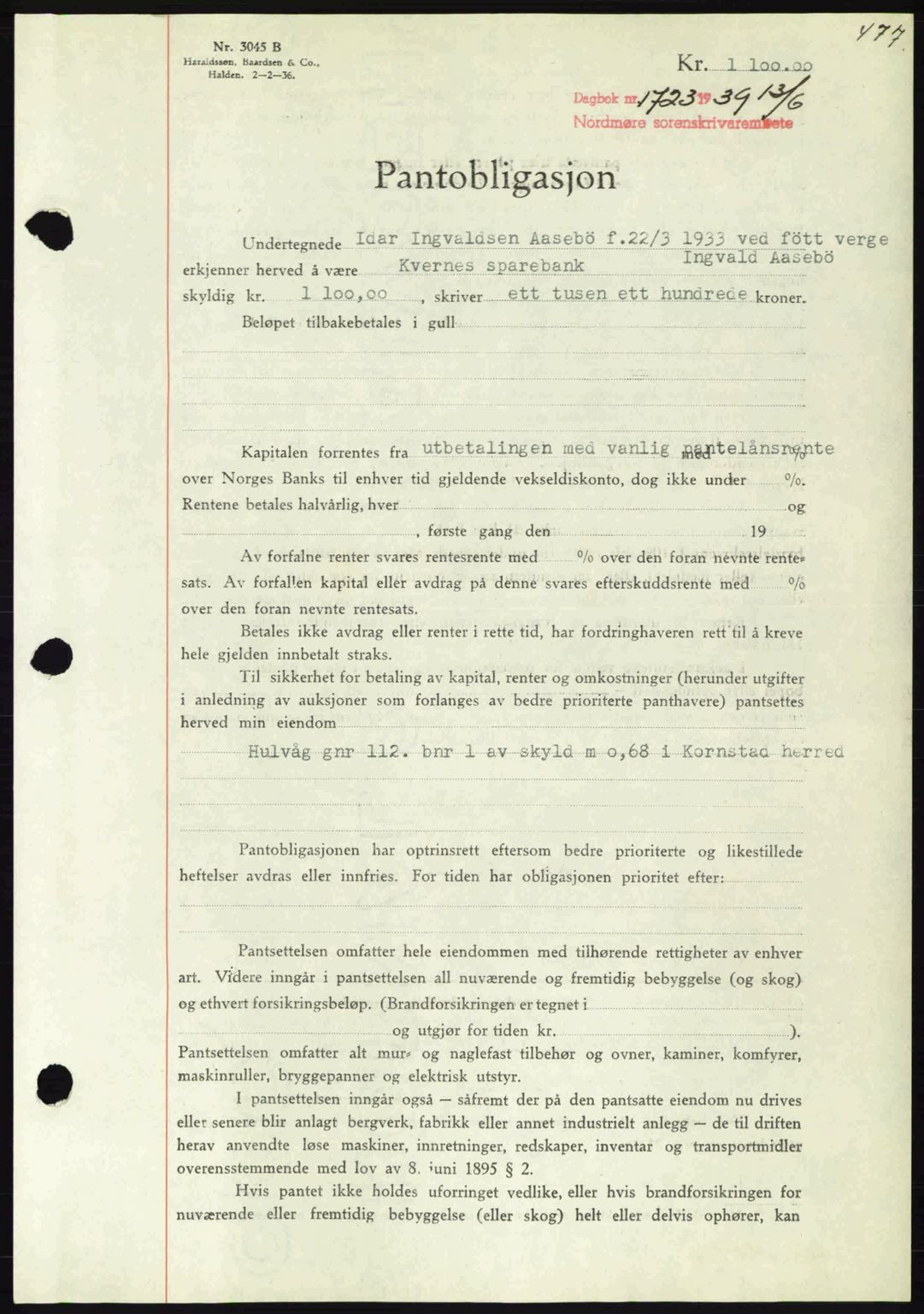 Nordmøre sorenskriveri, AV/SAT-A-4132/1/2/2Ca: Mortgage book no. B85, 1939-1939, Diary no: : 1723/1939