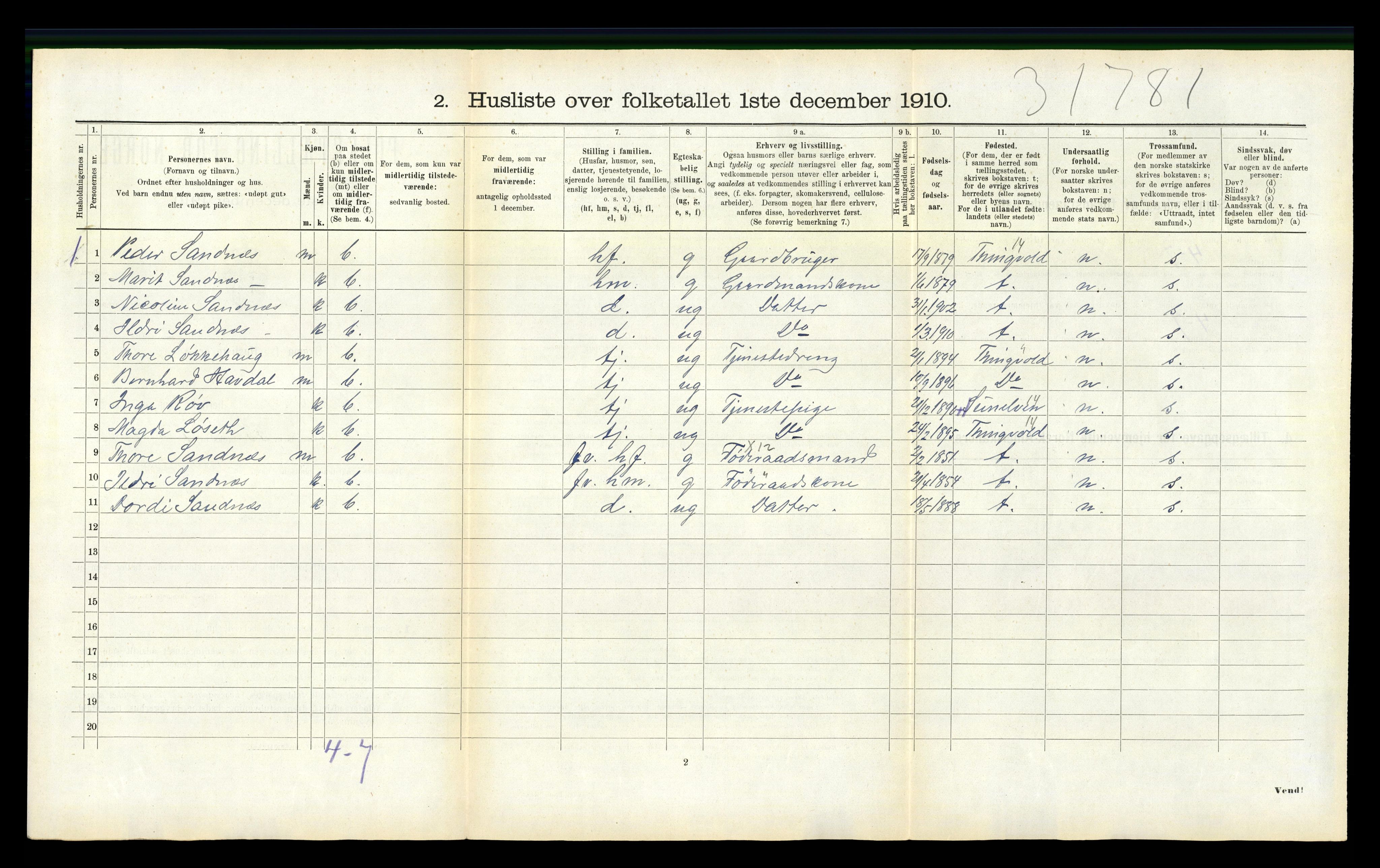 RA, 1910 census for Stangvik, 1910, p. 599