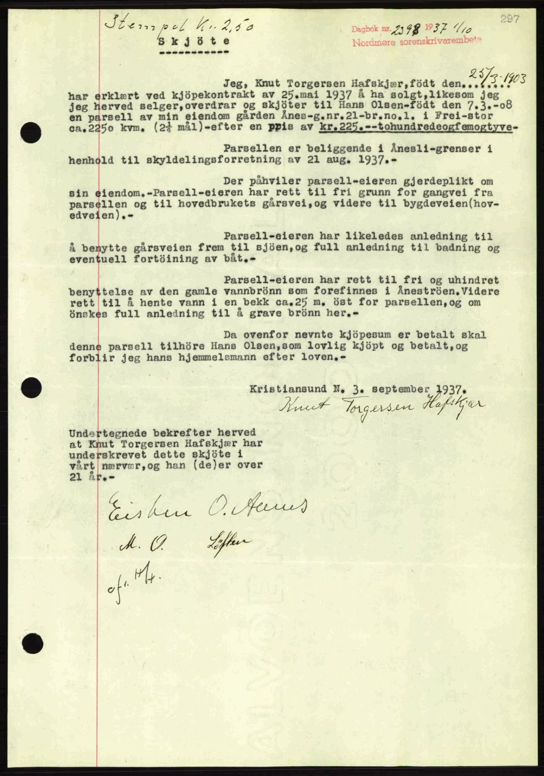 Nordmøre sorenskriveri, SAT/A-4132/1/2/2Ca: Mortgage book no. A82, 1937-1938, Diary no: : 2398/1937