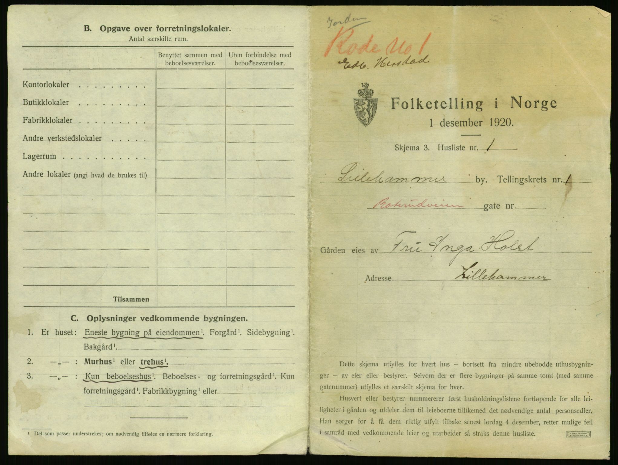 SAH, 1920 census for Lillehammer, 1920, p. 44