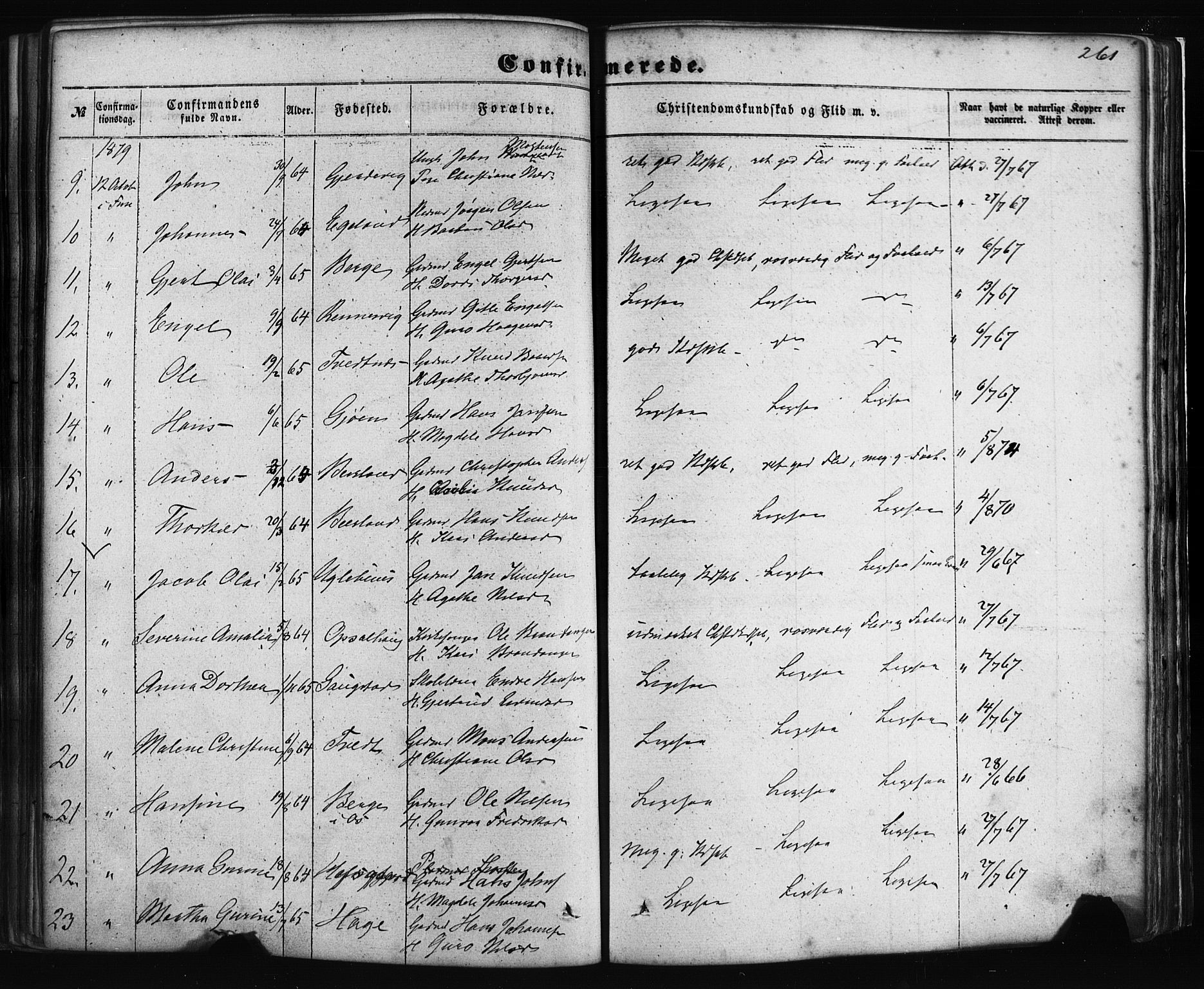 Fusa sokneprestembete, AV/SAB-A-75401/H/Haa: Parish register (official) no. A 1I, 1855-1879, p. 261