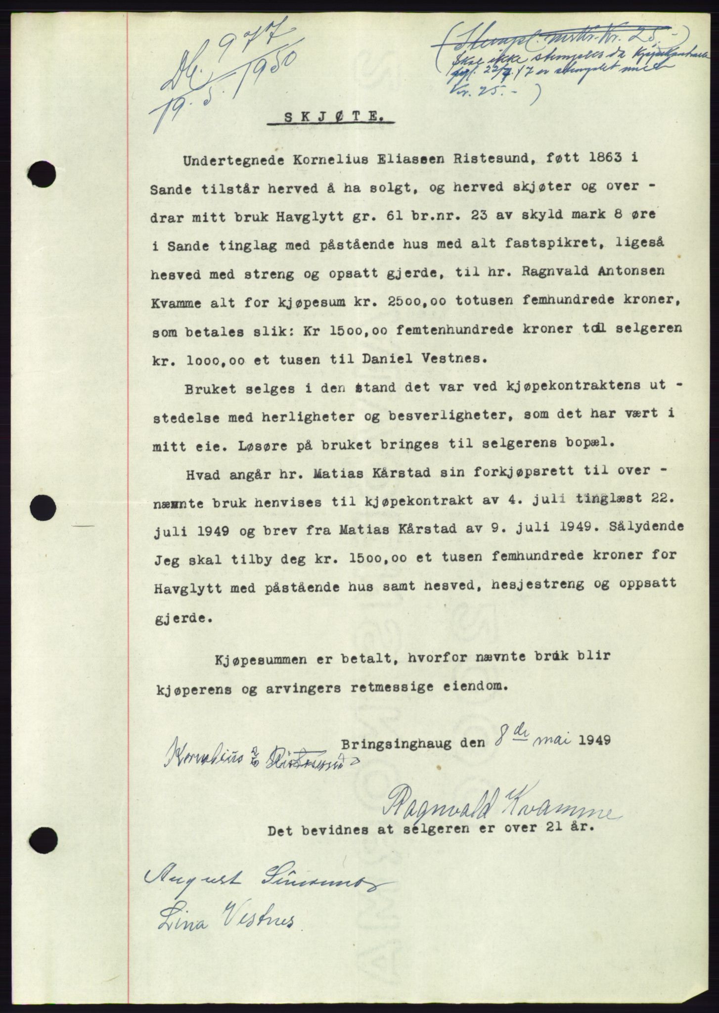 Søre Sunnmøre sorenskriveri, AV/SAT-A-4122/1/2/2C/L0087: Mortgage book no. 13A, 1950-1950, Diary no: : 977/1950