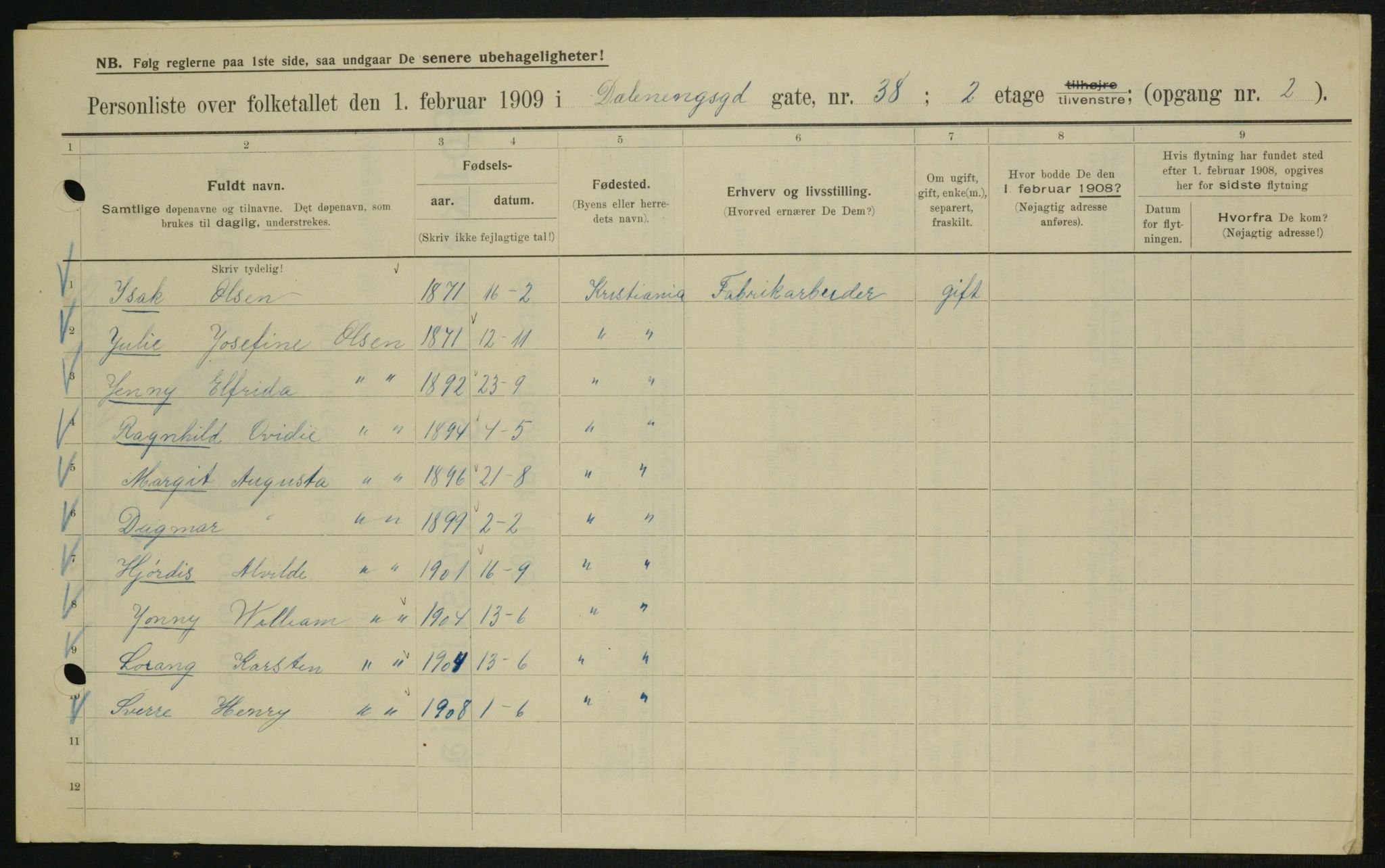 OBA, Municipal Census 1909 for Kristiania, 1909, p. 16276