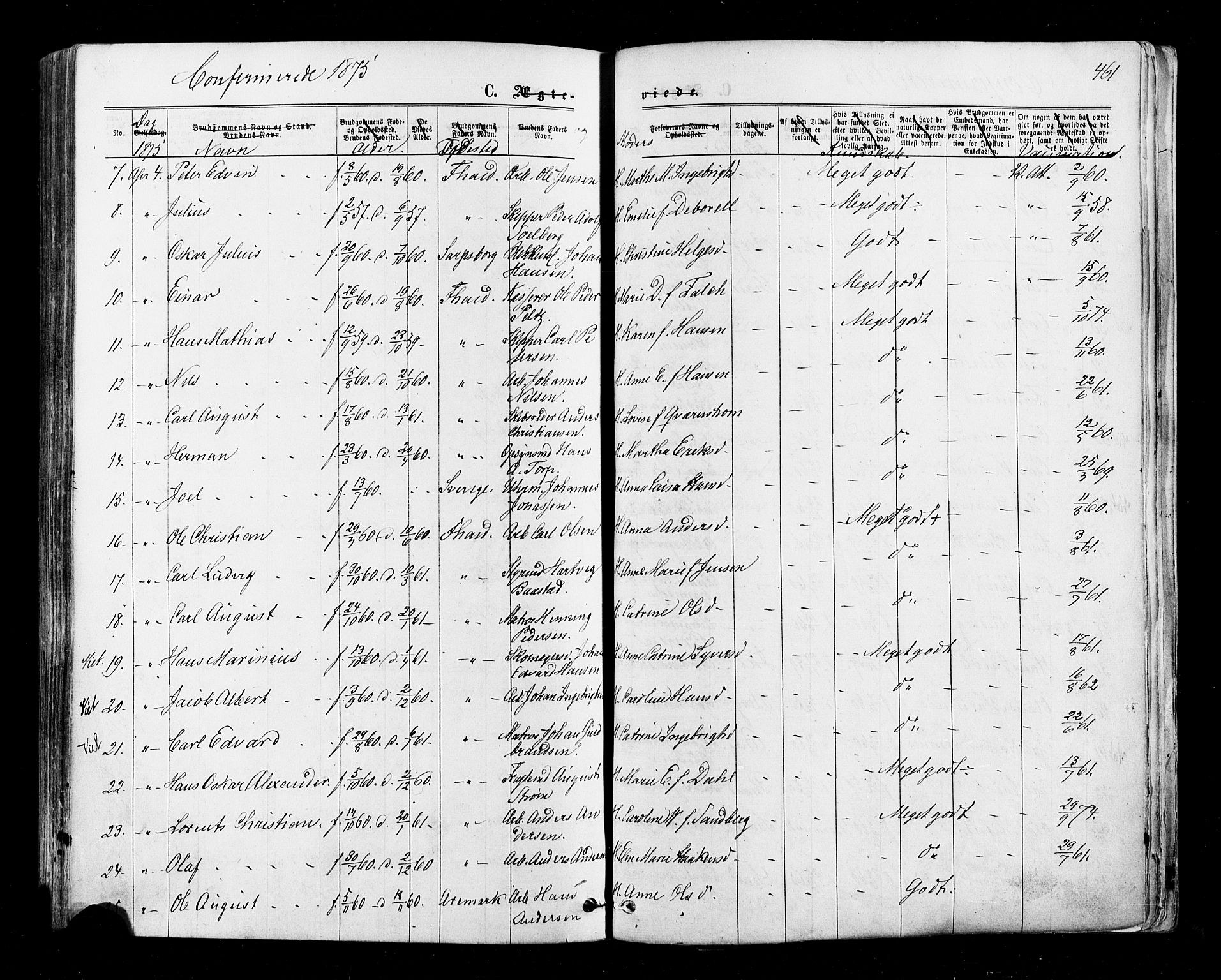 Halden prestekontor Kirkebøker, AV/SAO-A-10909/F/Fa/L0009: Parish register (official) no. I 9, 1866-1877, p. 461