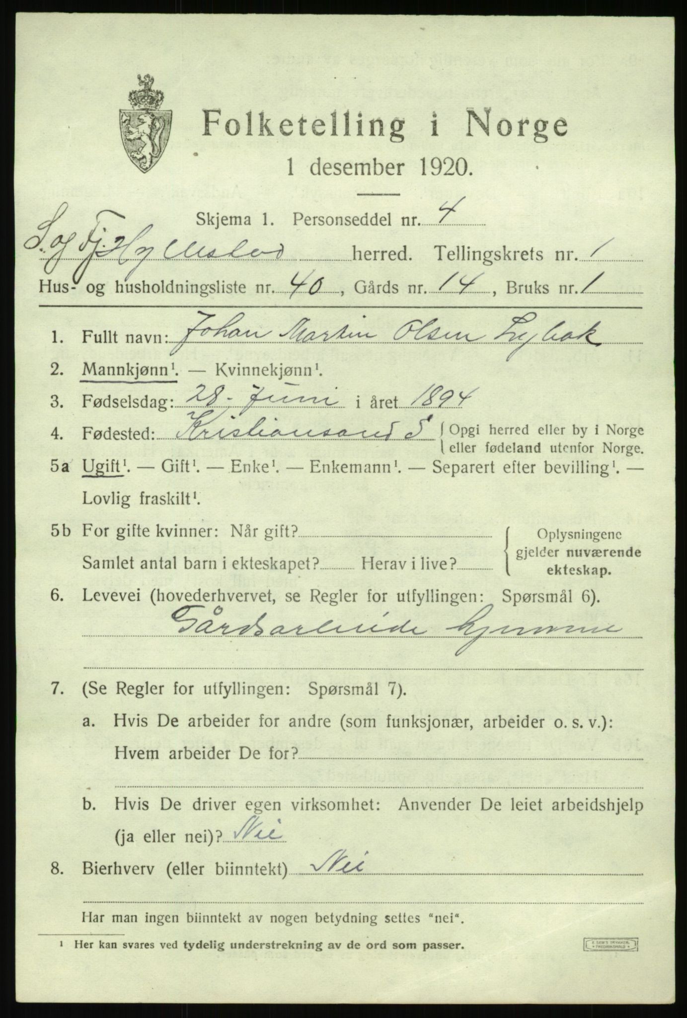 SAB, 1920 census for Hyllestad, 1920, p. 1376