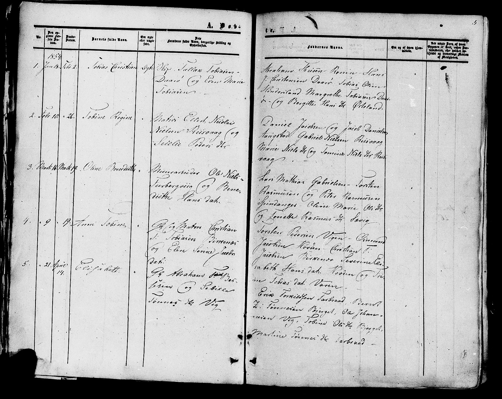 Herad sokneprestkontor, SAK/1111-0018/F/Fa/Fab/L0004: Parish register (official) no. A 4, 1853-1885, p. 5