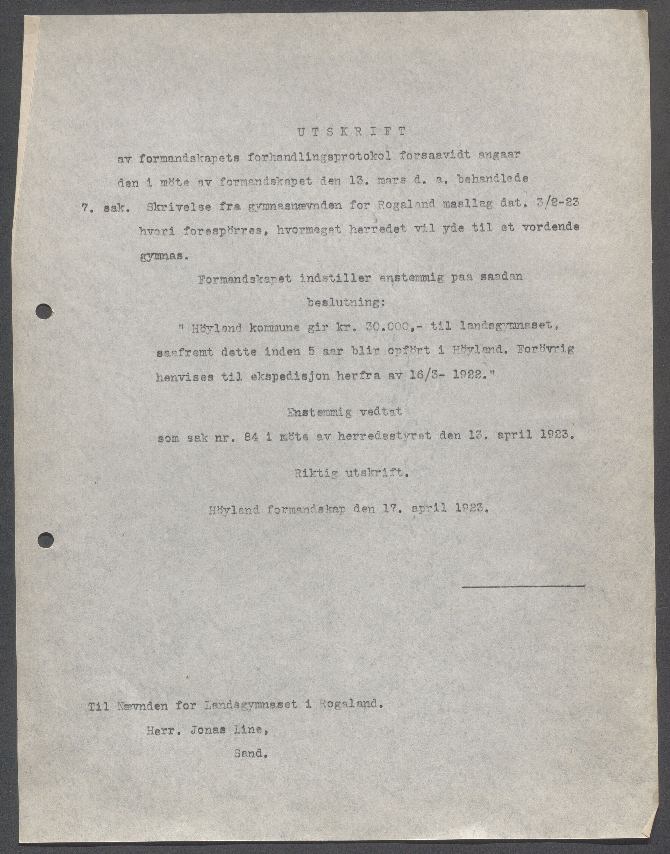 Høyland kommune - Formannskapet, IKAR/K-100046/B/L0006: Kopibok, 1920-1923, p. 658