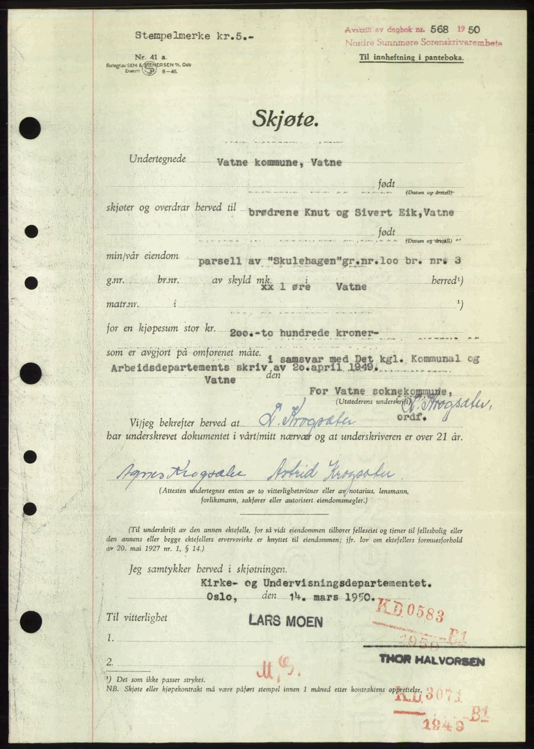 Nordre Sunnmøre sorenskriveri, AV/SAT-A-0006/1/2/2C/2Ca: Mortgage book no. A34, 1950-1950, Diary no: : 568/1950