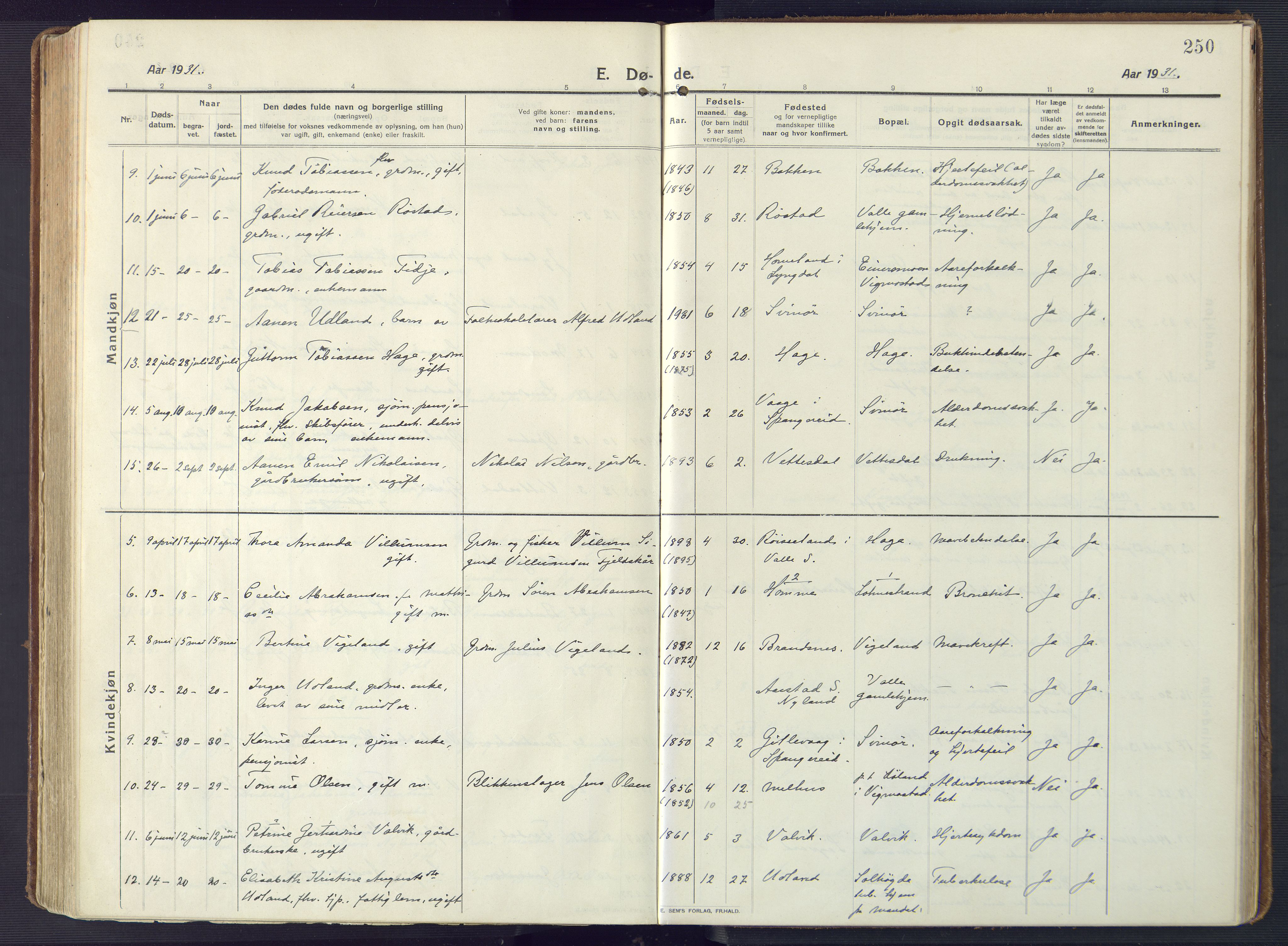 Sør-Audnedal sokneprestkontor, SAK/1111-0039/F/Fa/Fab/L0011: Parish register (official) no. A 11, 1912-1938, p. 250