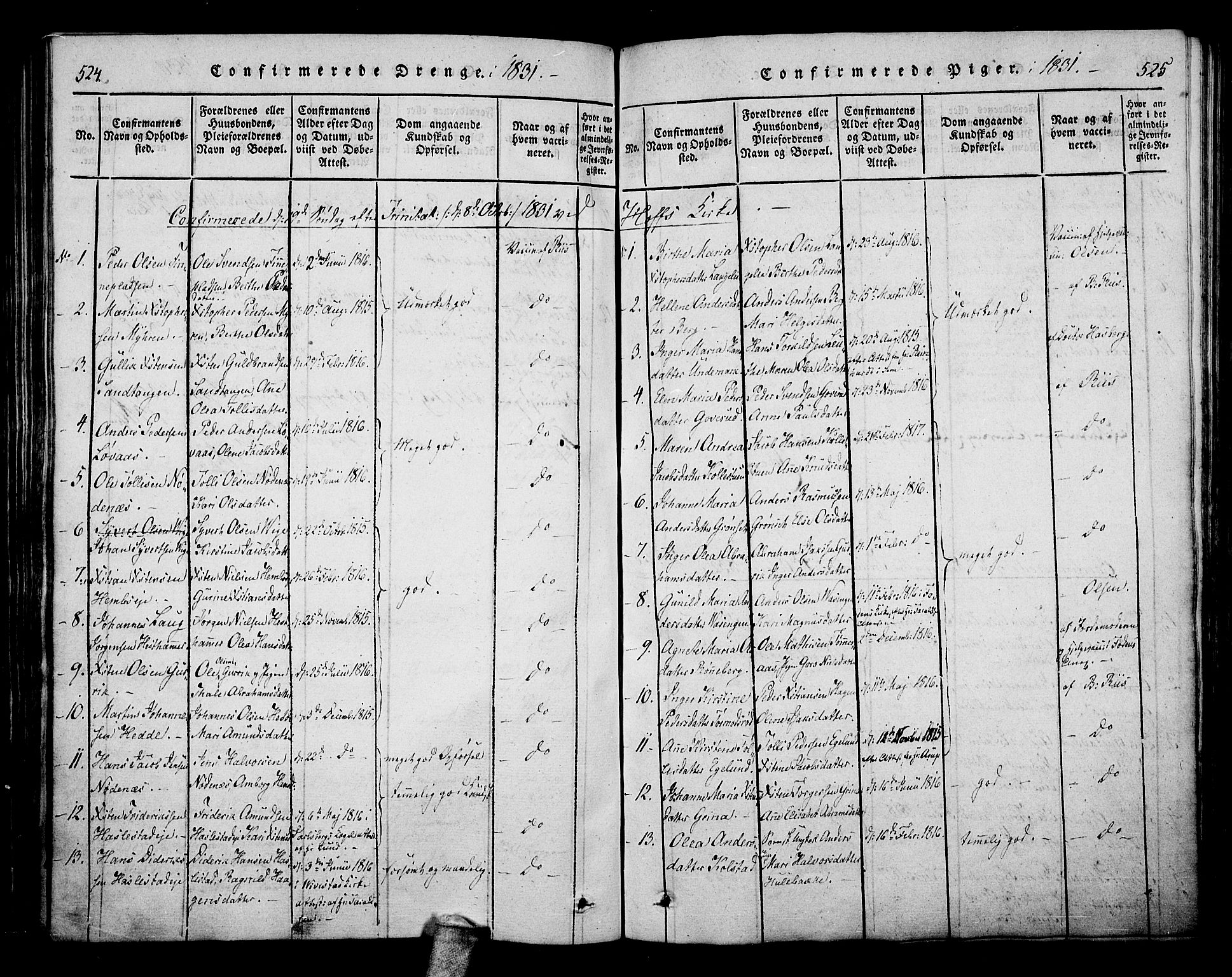 Hof kirkebøker, SAKO/A-64/F/Fa/L0004: Parish register (official) no. I 4, 1814-1843, p. 524-525