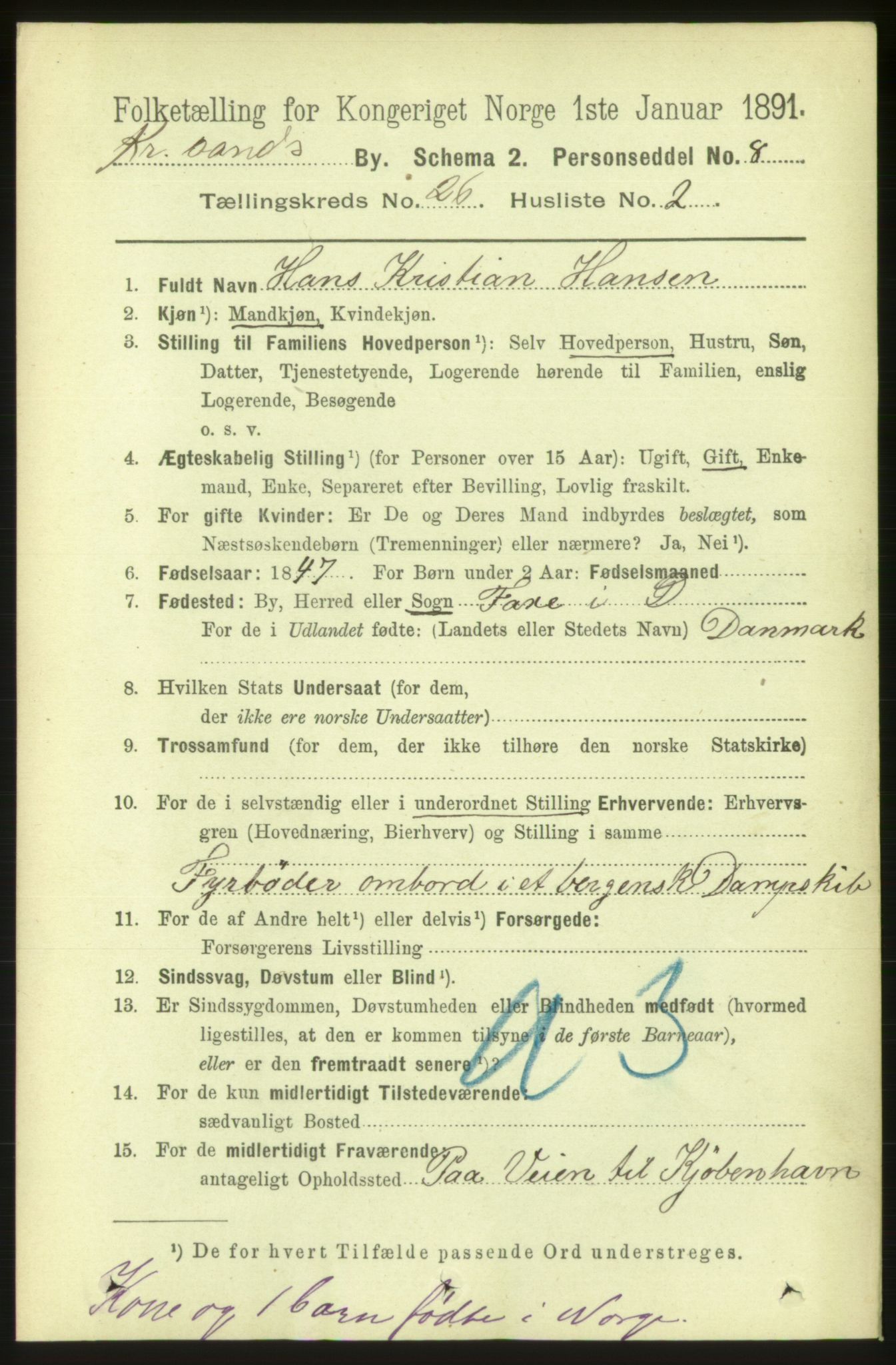 RA, 1891 census for 1001 Kristiansand, 1891, p. 8897