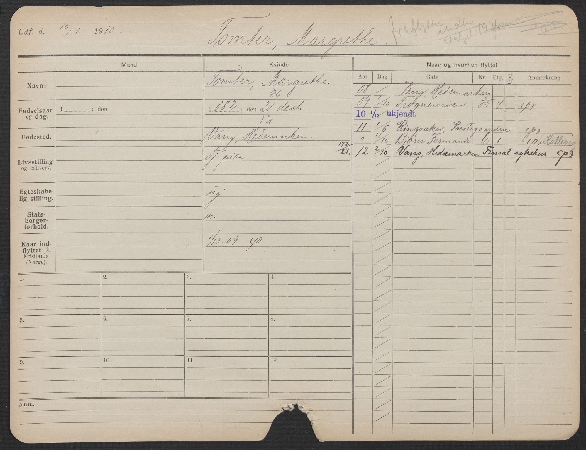 Oslo folkeregister, Registerkort, AV/SAO-A-11715/F/Fa/Fac/L0024: Kvinner, 1906-1914, p. 1201a