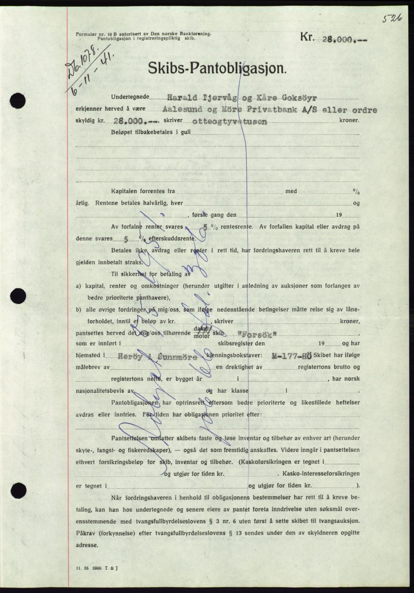 Søre Sunnmøre sorenskriveri, AV/SAT-A-4122/1/2/2C/L0071: Mortgage book no. 65, 1941-1941, Diary no: : 1078/1941