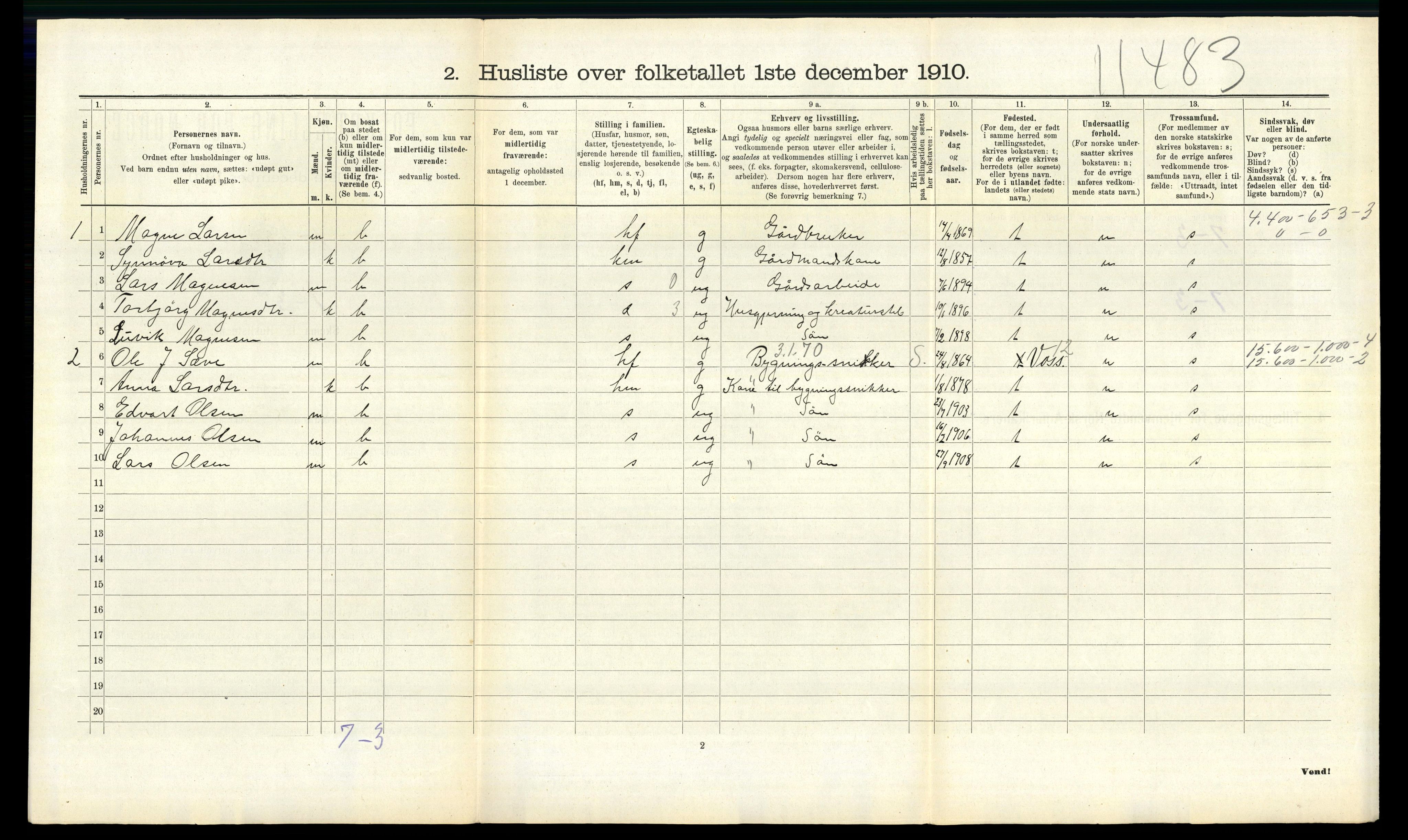 RA, 1910 census for Evanger, 1910, p. 644