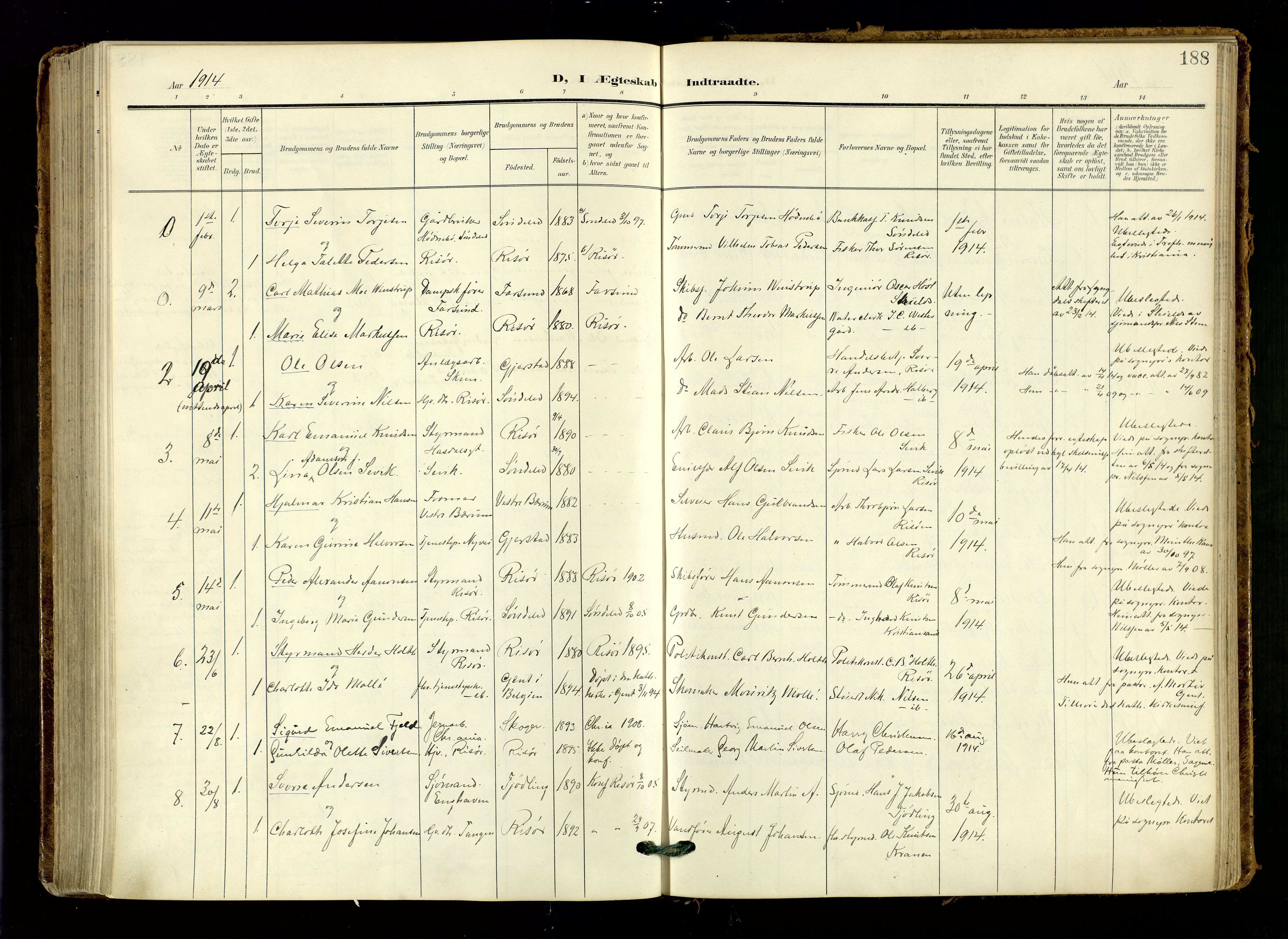 Risør sokneprestkontor, AV/SAK-1111-0035/F/Fa/L0011: Parish register (official) no. A 11, 1907-1920, p. 188