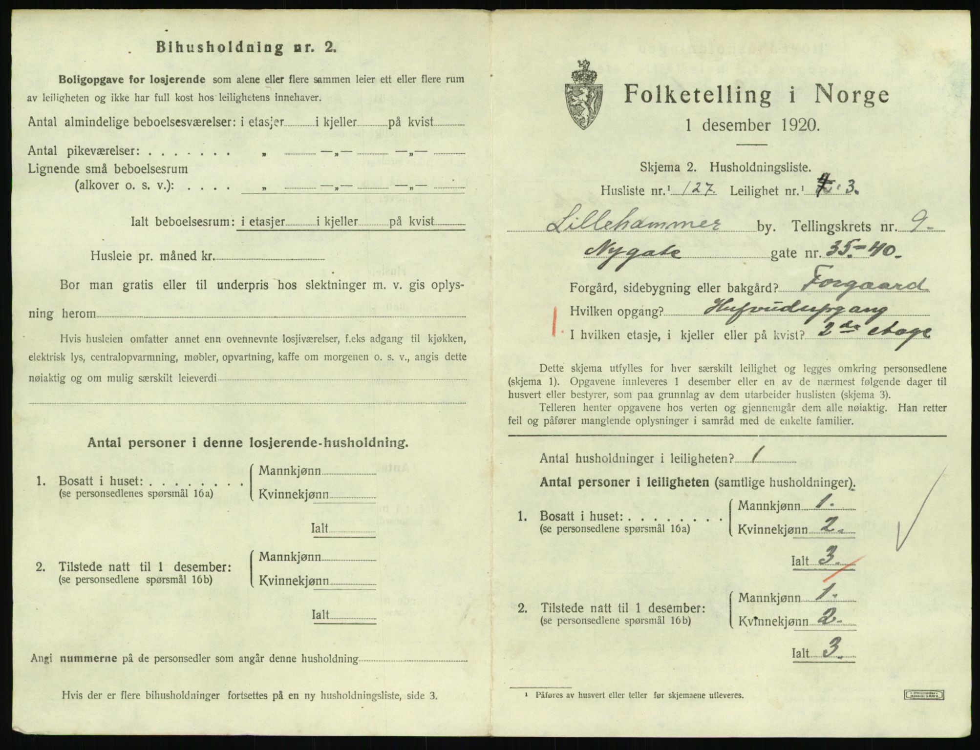 SAH, 1920 census for Lillehammer, 1920, p. 3530