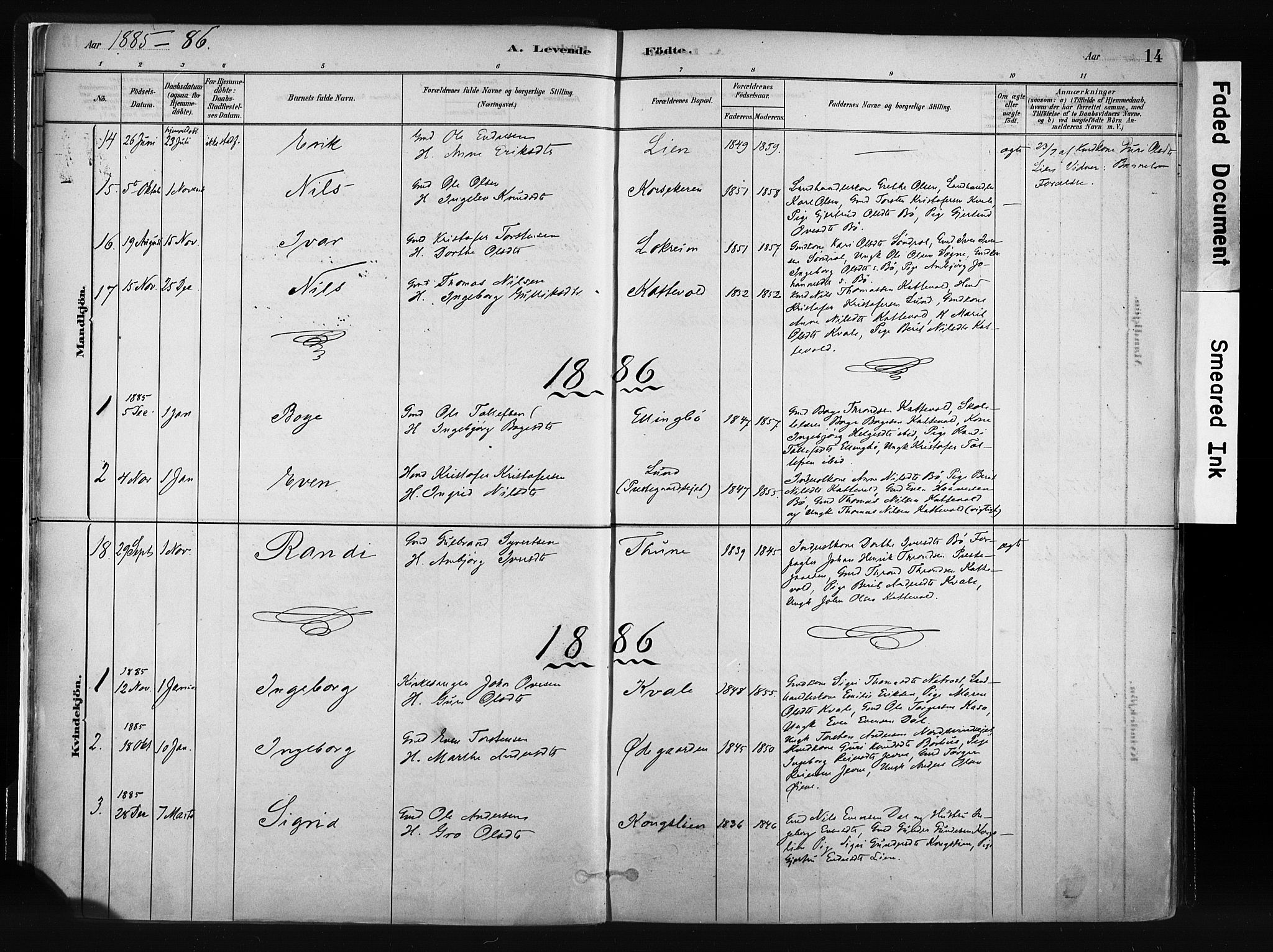 Vang prestekontor, Valdres, SAH/PREST-140/H/Ha/L0008: Parish register (official) no. 8, 1882-1910, p. 14