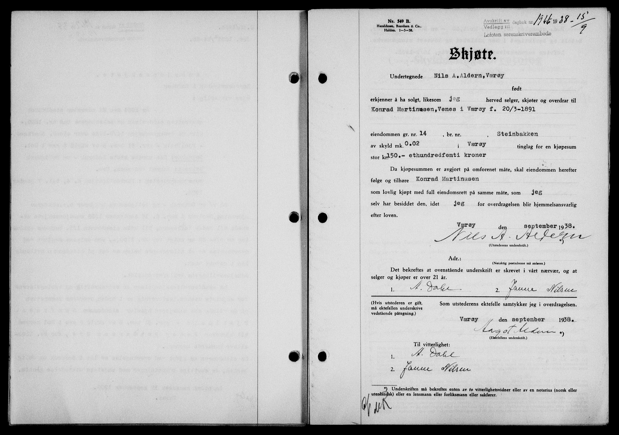 Lofoten sorenskriveri, SAT/A-0017/1/2/2C/L0004a: Mortgage book no. 4a, 1938-1938, Diary no: : 1966/1938