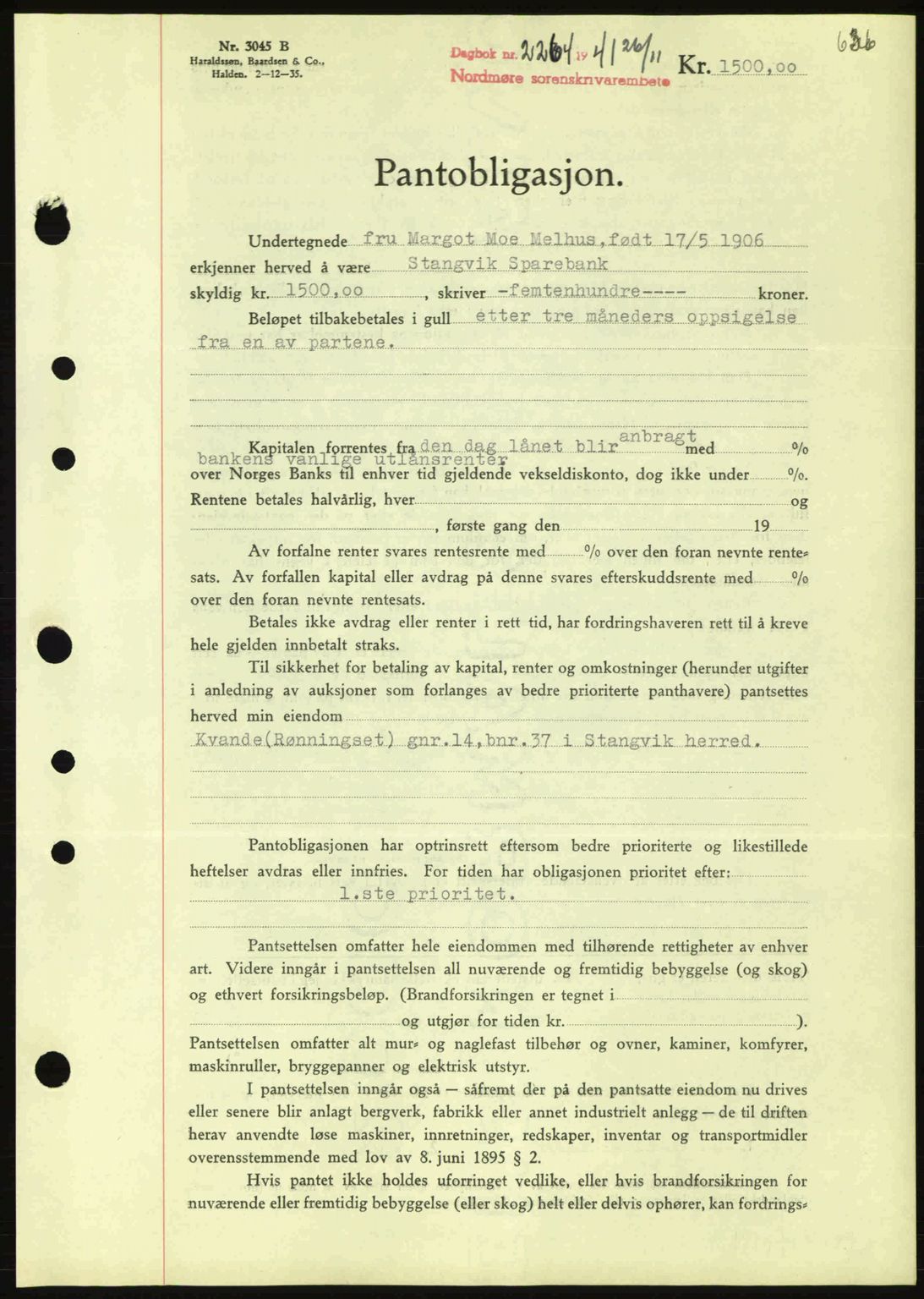 Nordmøre sorenskriveri, AV/SAT-A-4132/1/2/2Ca: Mortgage book no. B88, 1941-1942, Diary no: : 2264/1941