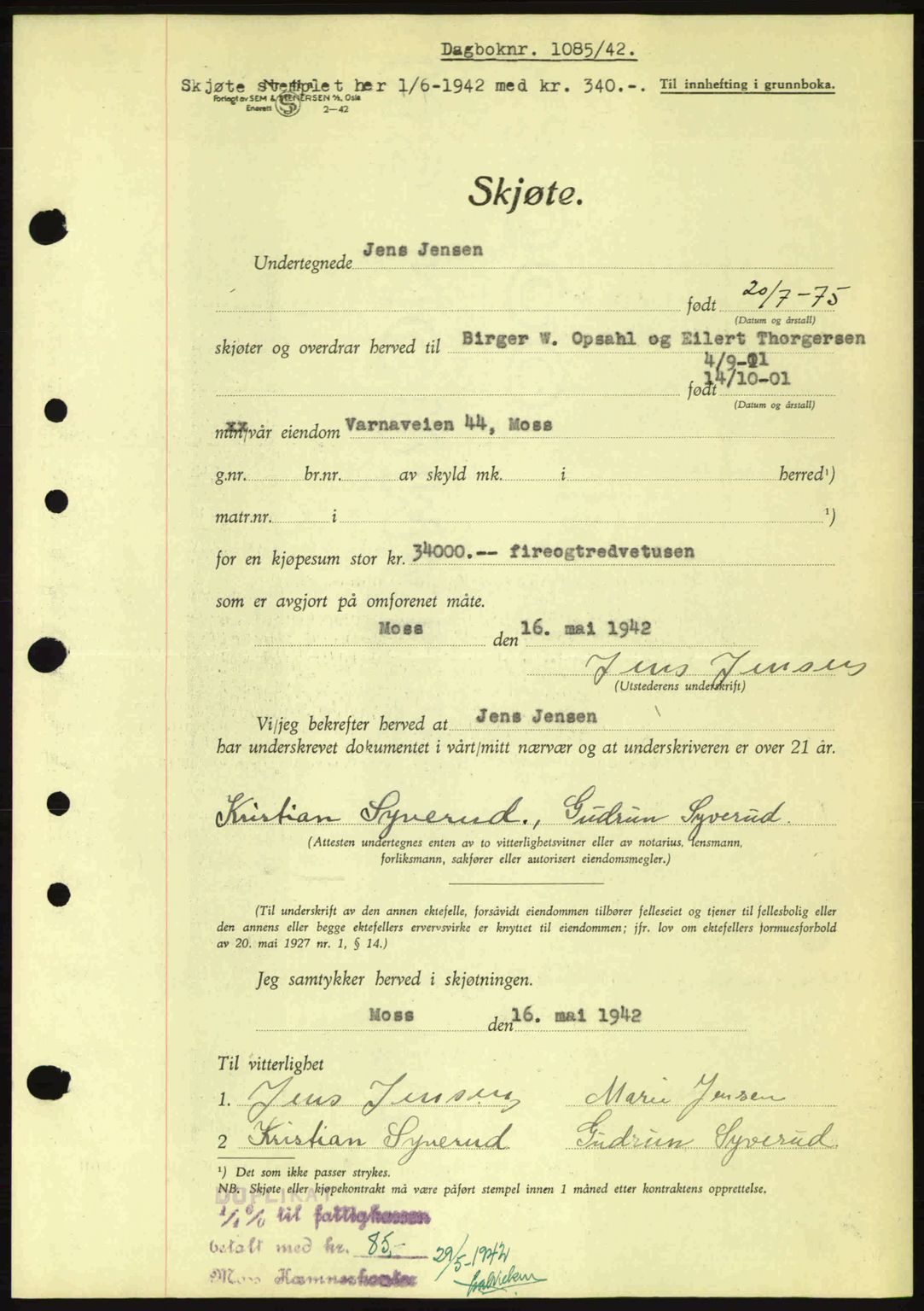 Moss sorenskriveri, SAO/A-10168: Mortgage book no. A9, 1941-1942, Diary no: : 1085/1942