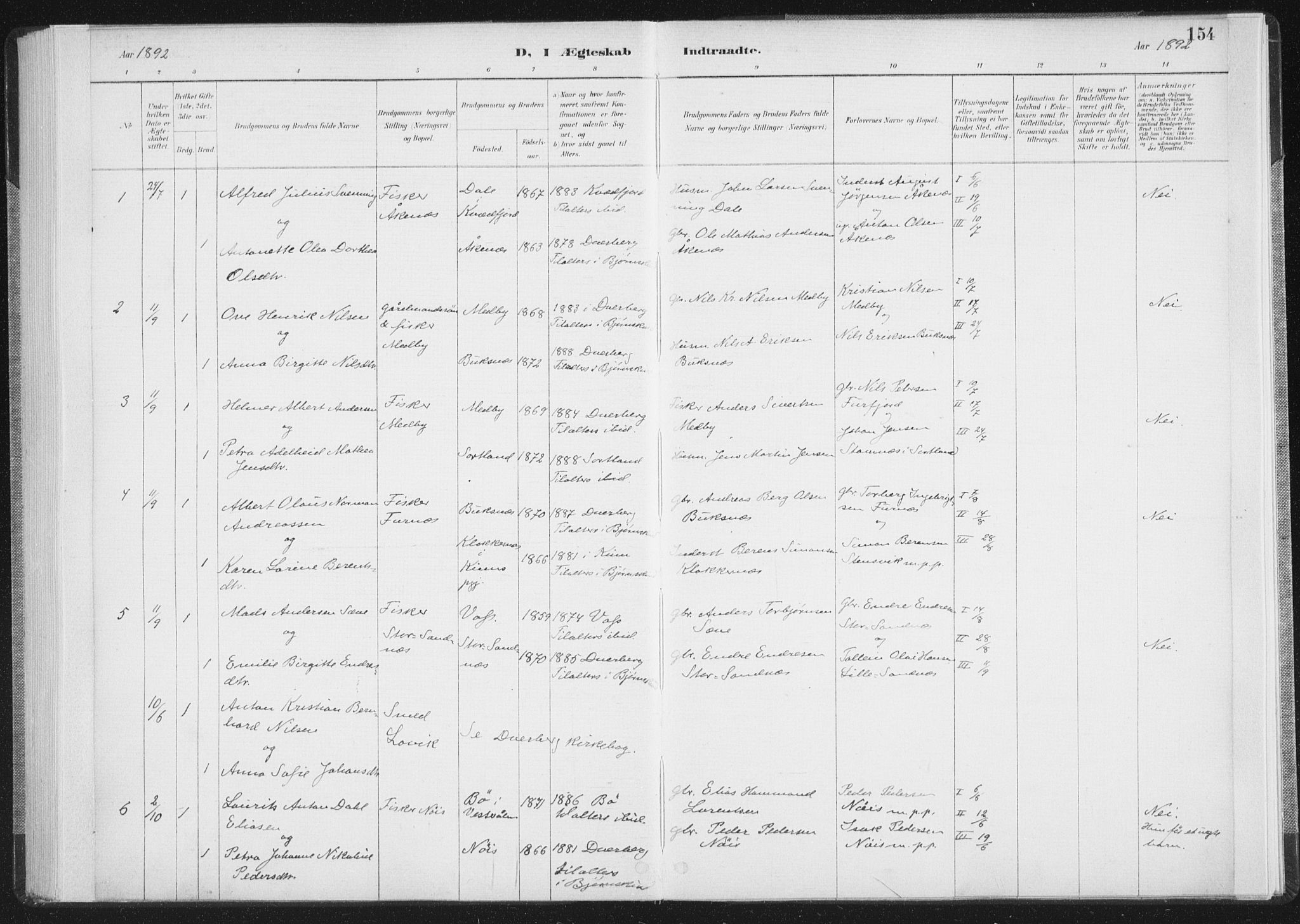 Ministerialprotokoller, klokkerbøker og fødselsregistre - Nordland, SAT/A-1459/898/L1422: Parish register (official) no. 898A02, 1887-1908, p. 154