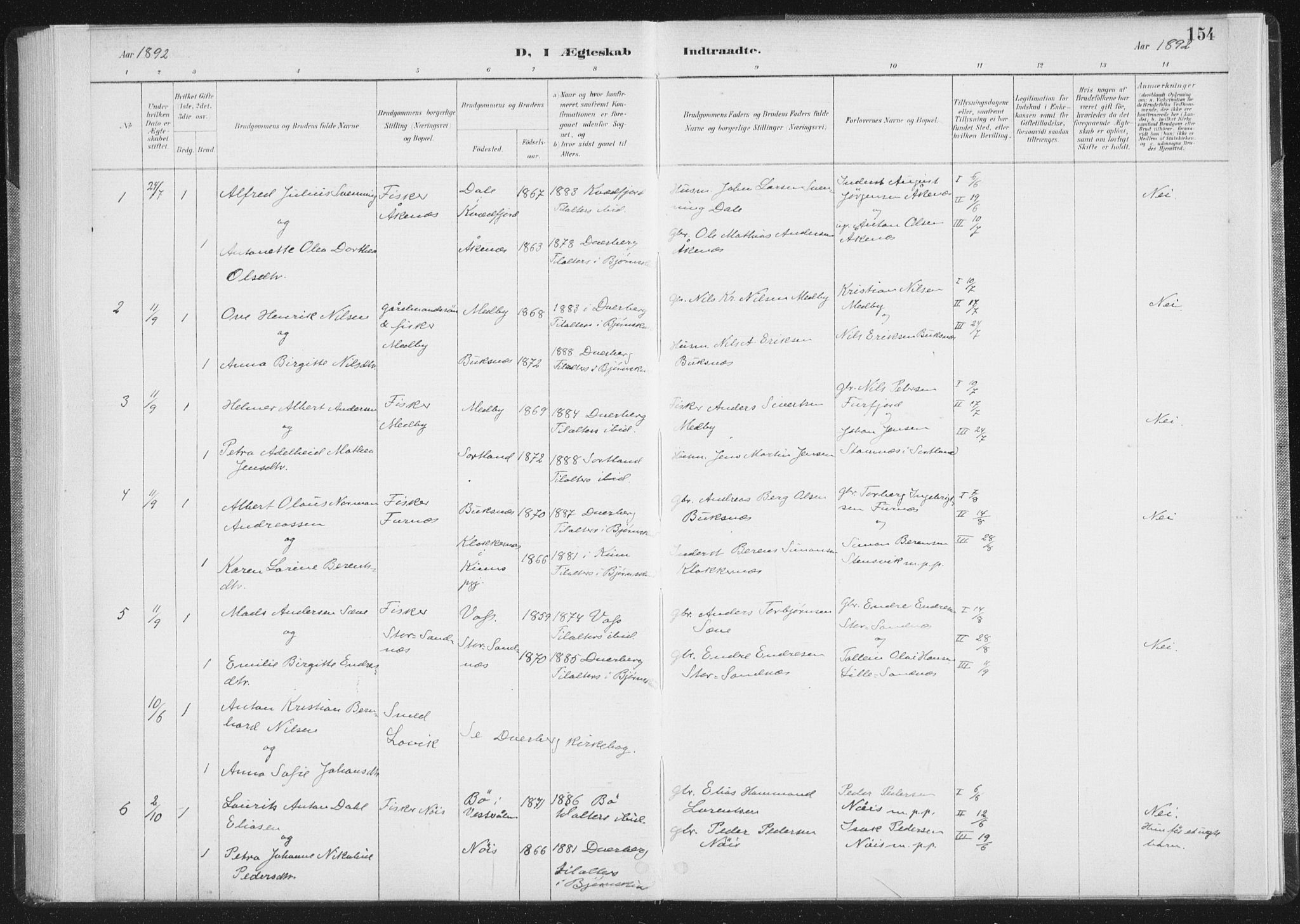 Ministerialprotokoller, klokkerbøker og fødselsregistre - Nordland, AV/SAT-A-1459/898/L1422: Parish register (official) no. 898A02, 1887-1908, p. 154