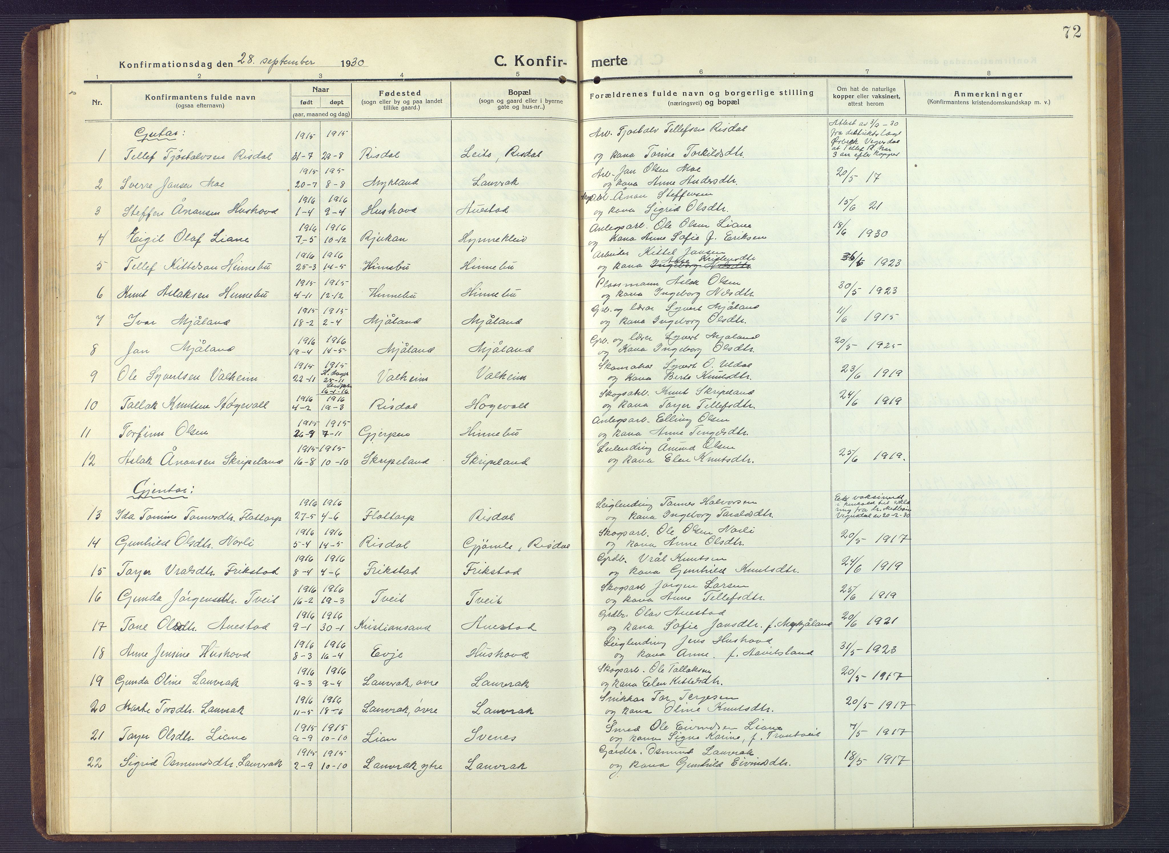 Herefoss sokneprestkontor, AV/SAK-1111-0019/F/Fb/Fbc/L0004: Parish register (copy) no. B 4, 1914-1946, p. 72