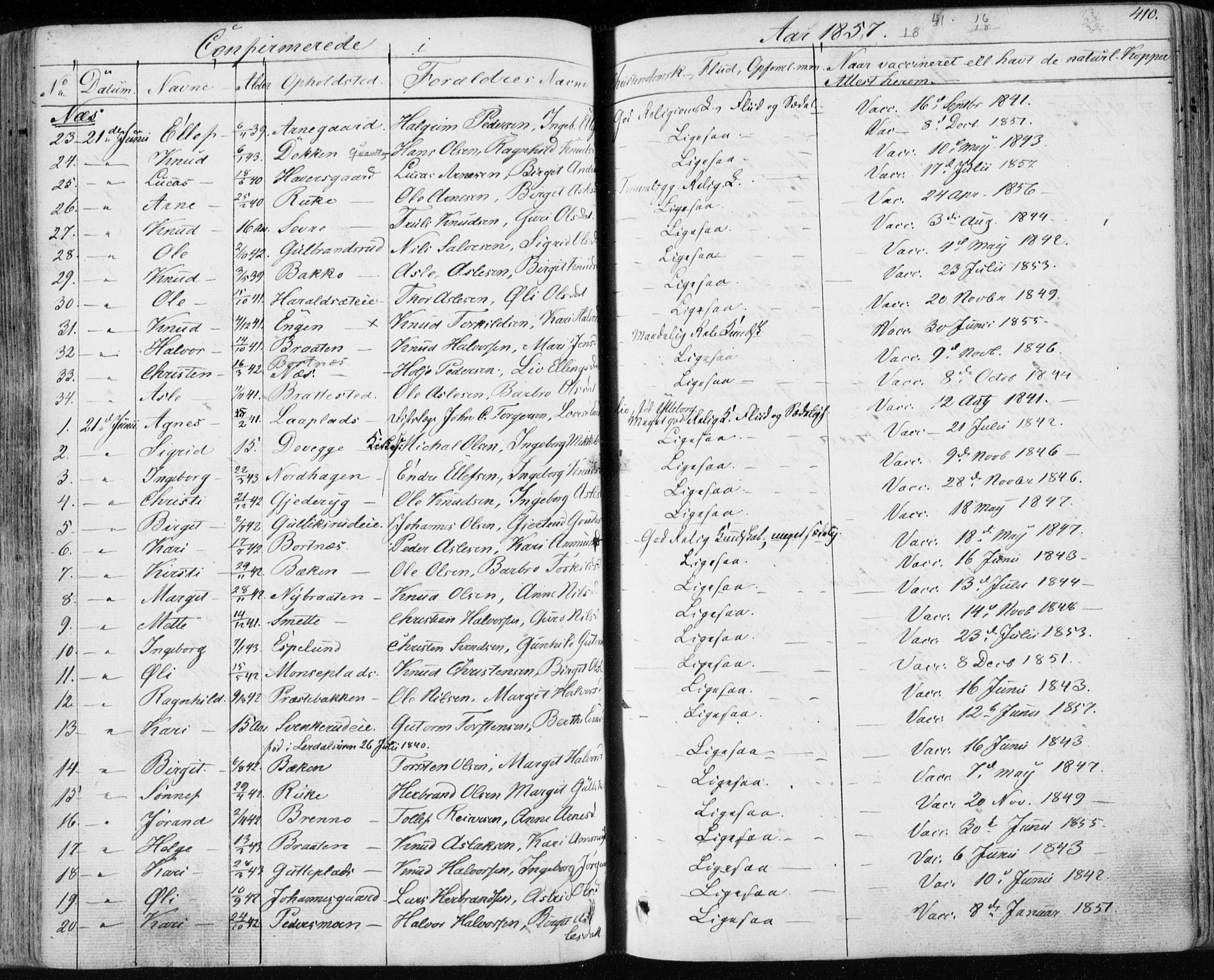 Nes kirkebøker, SAKO/A-236/F/Fa/L0009: Parish register (official) no. 9, 1834-1863, p. 410
