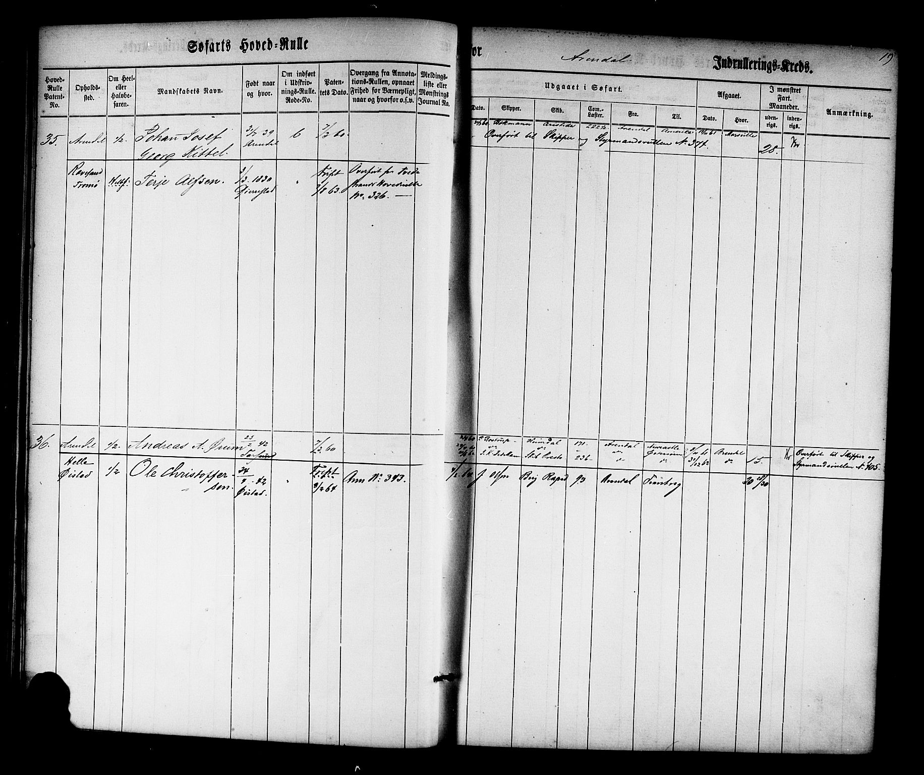 Arendal mønstringskrets, AV/SAK-2031-0012/F/Fb/L0008: Hovedrulle nr 1-766, S-6, 1860-1865, p. 19