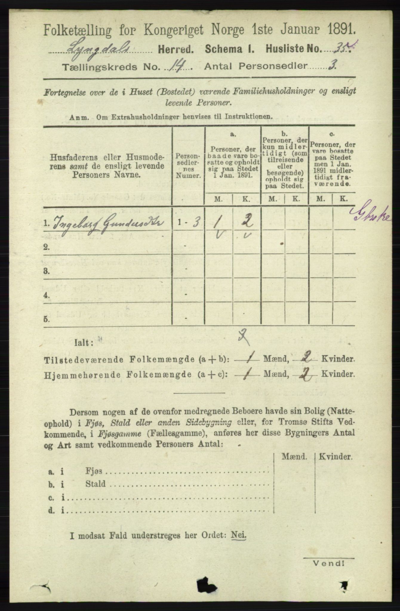 RA, 1891 census for 1032 Lyngdal, 1891, p. 5841