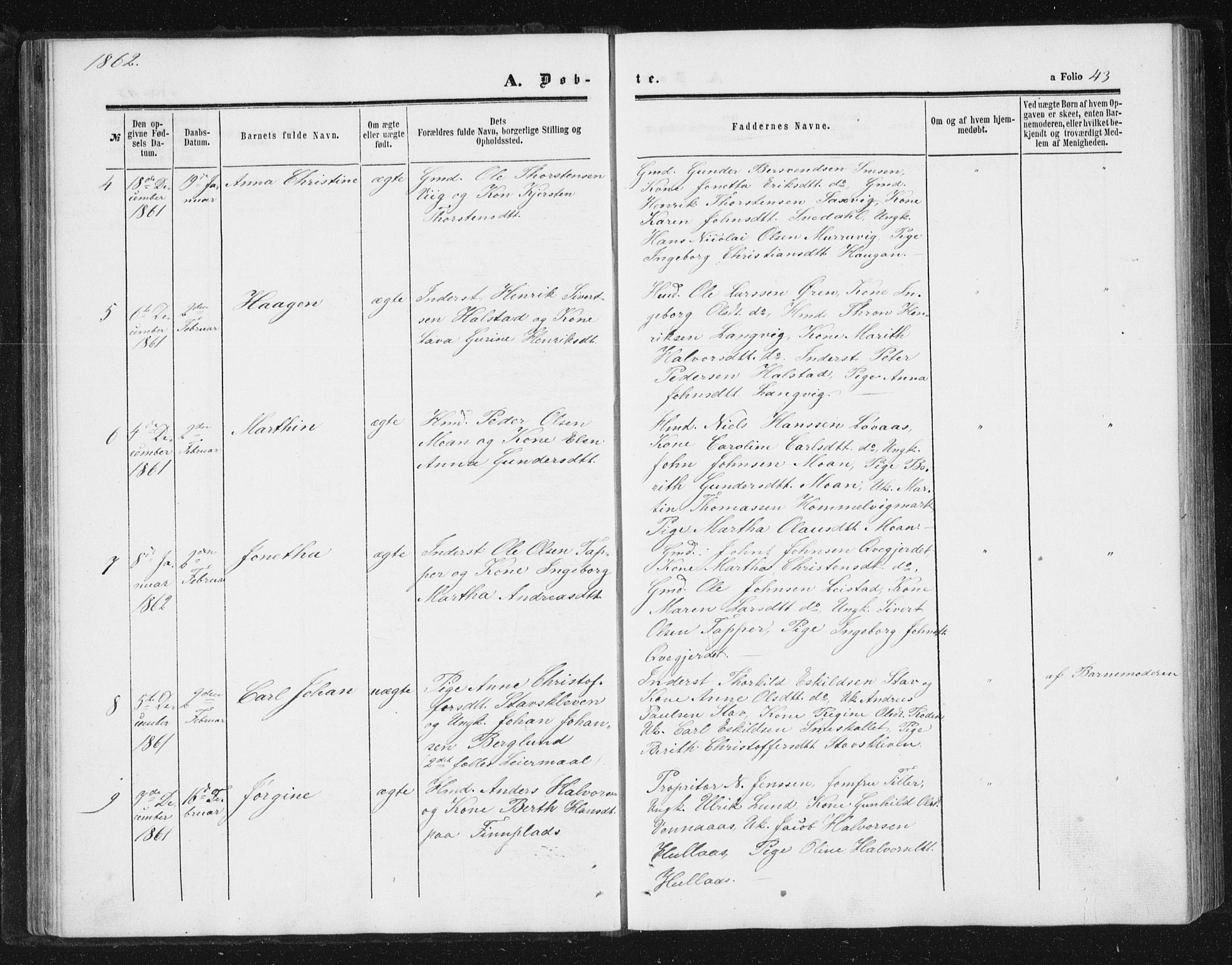 Ministerialprotokoller, klokkerbøker og fødselsregistre - Sør-Trøndelag, SAT/A-1456/616/L0408: Parish register (official) no. 616A05, 1857-1865, p. 43