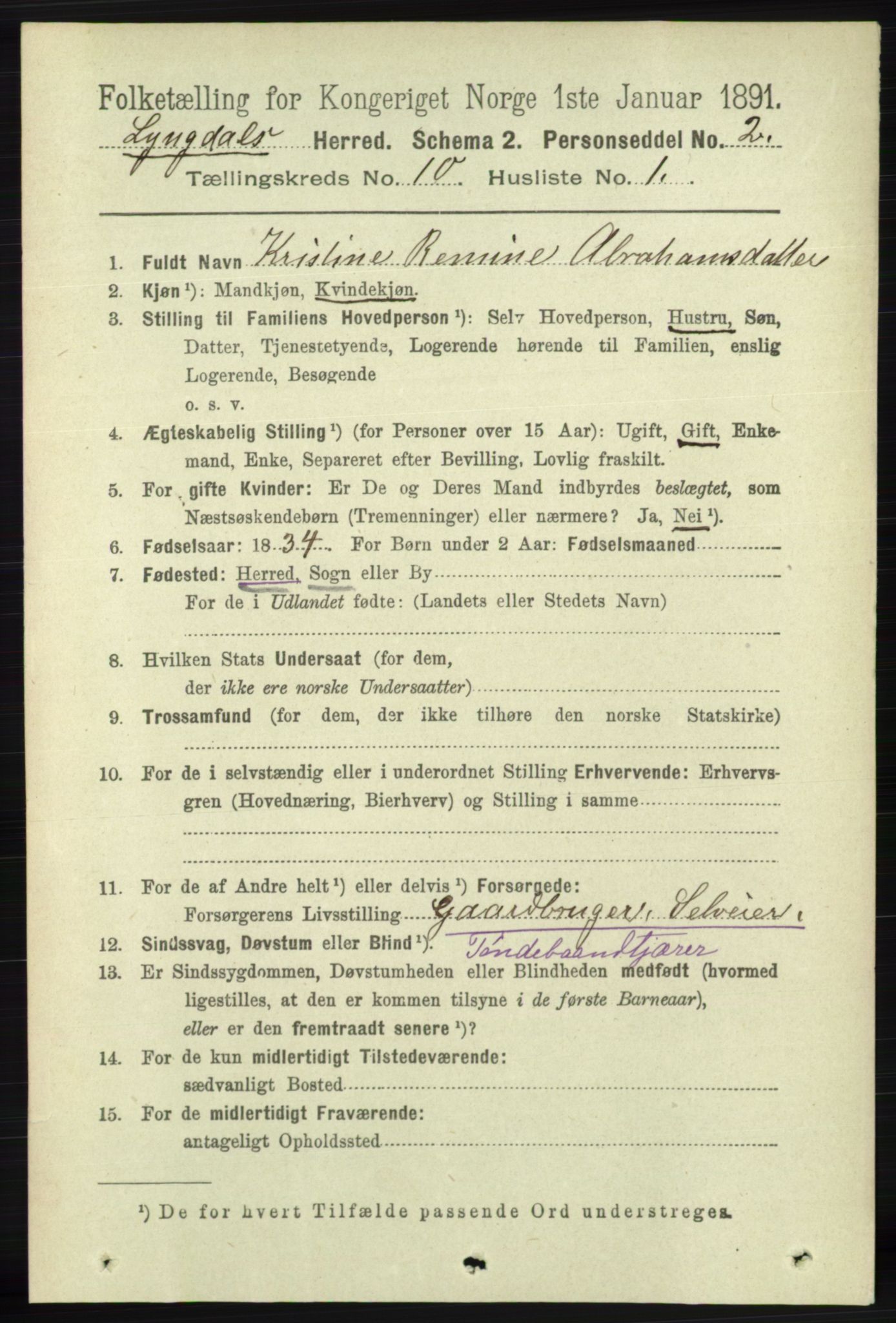 RA, 1891 census for 1032 Lyngdal, 1891, p. 4255