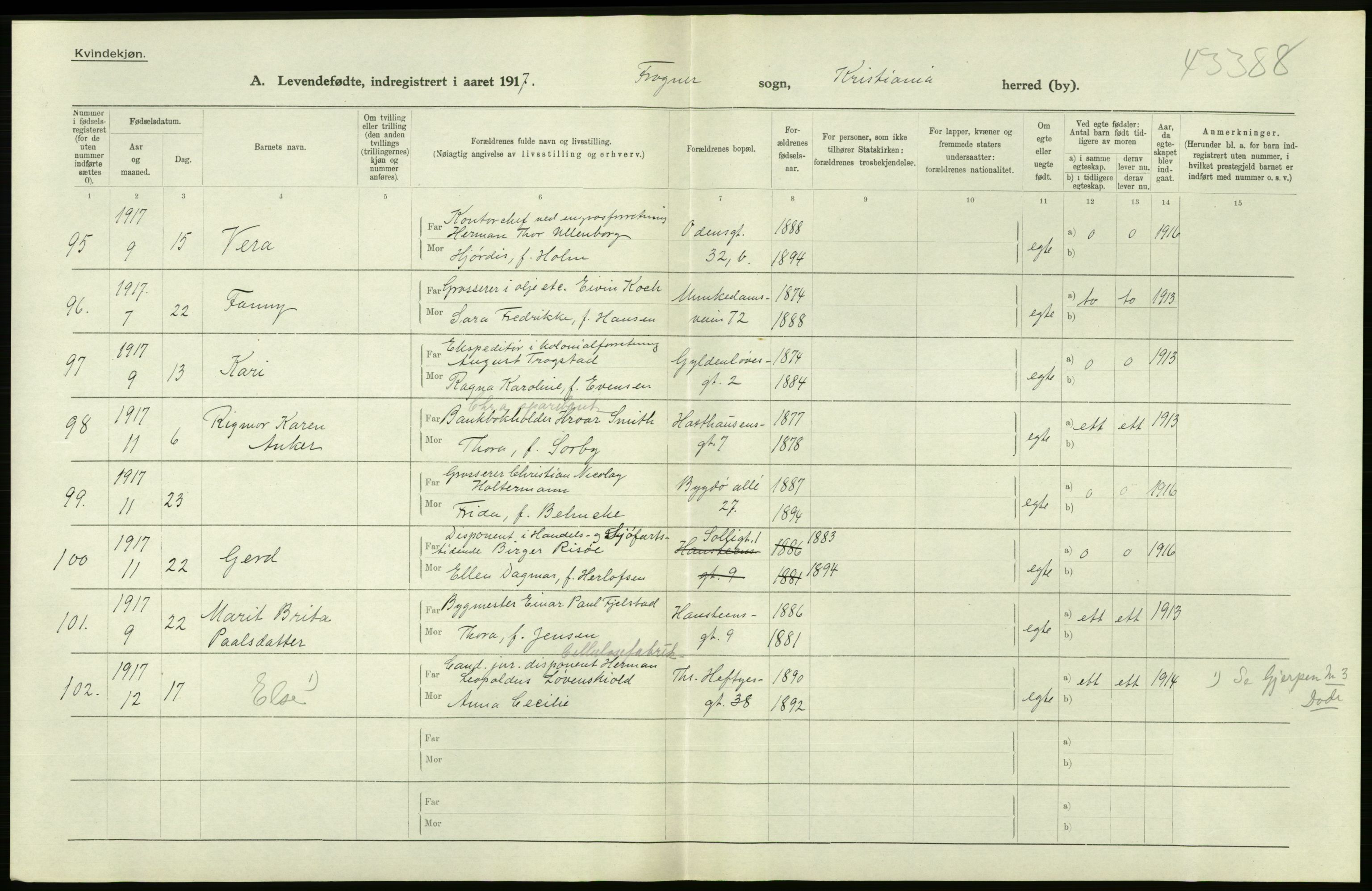 Statistisk sentralbyrå, Sosiodemografiske emner, Befolkning, RA/S-2228/D/Df/Dfb/Dfbg/L0007: Kristiania: Levendefødte menn og kvinner., 1917, p. 278