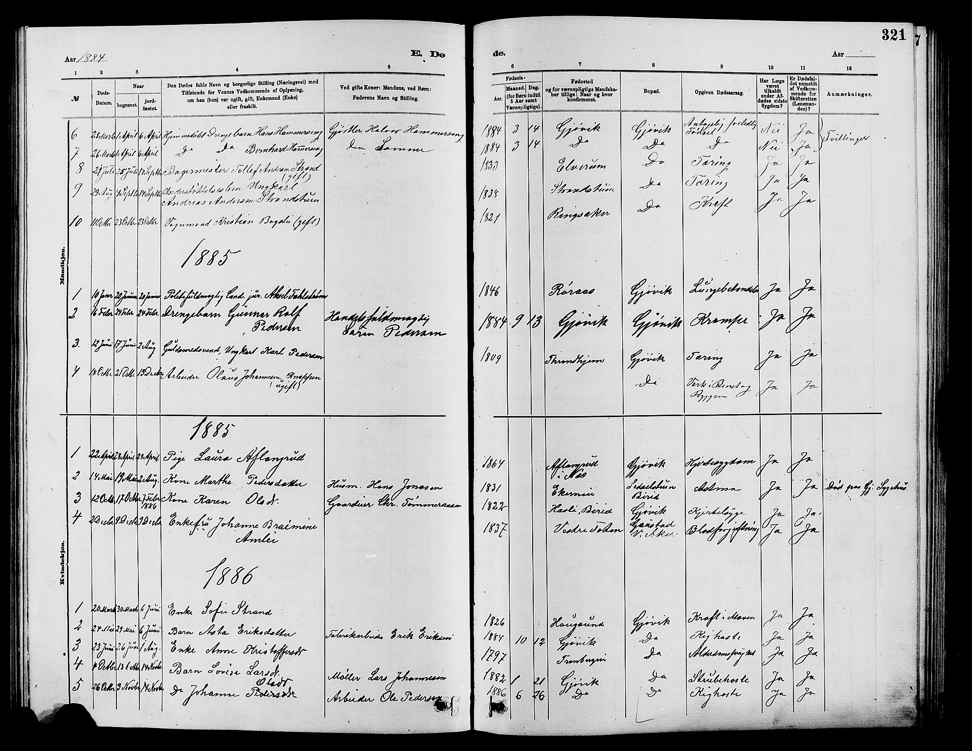 Vardal prestekontor, SAH/PREST-100/H/Ha/Hab/L0007: Parish register (copy) no. 7 /2, 1881-1895, p. 321